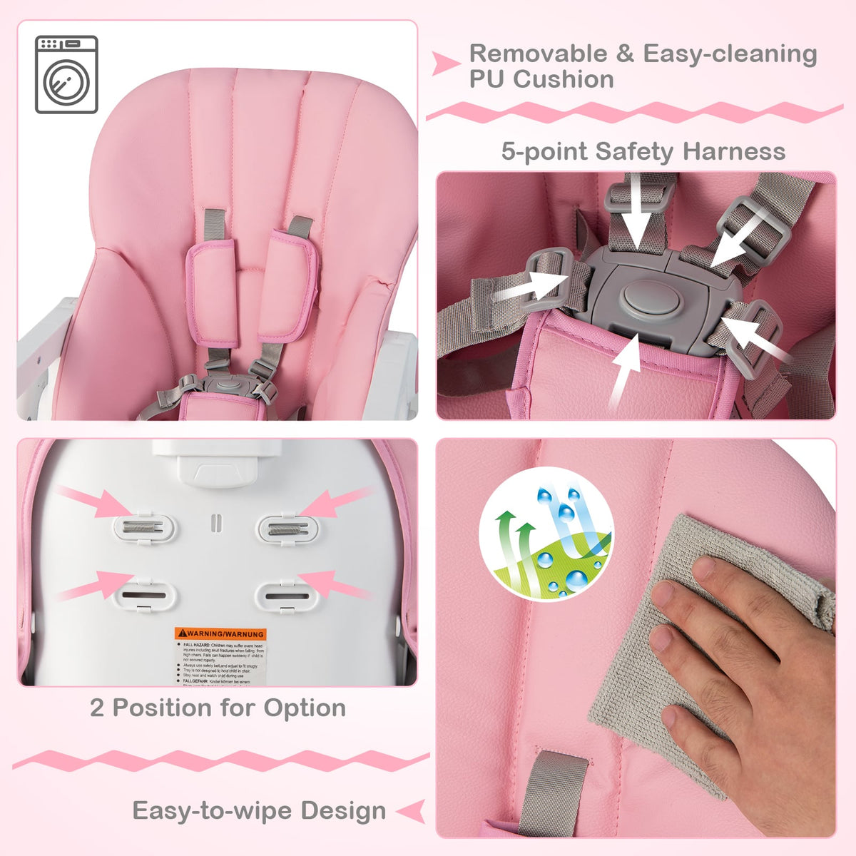 Convertible Infant Dining Chair with 5 Backrest and 3 Footrest Positions-Pink-High Chairs-DECOROLALA
