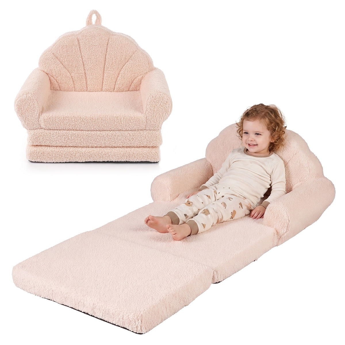 Convertible Kids Sofa 2-in-1 Fold out Toddler Couch Chair-Beige-Kids Chairs-DECOROLALA