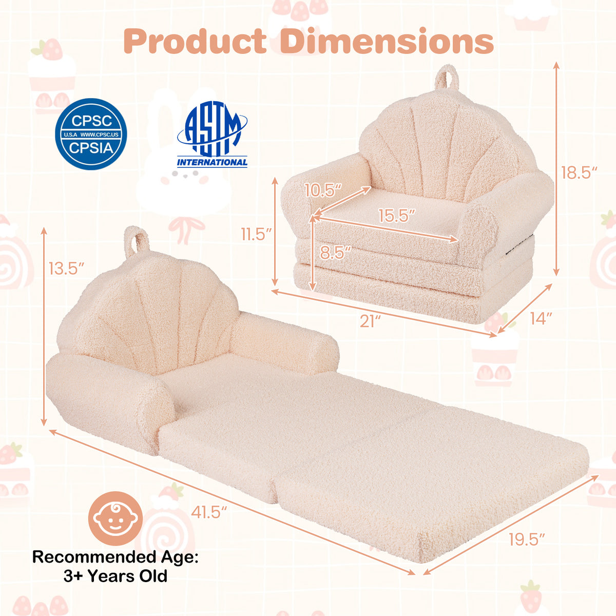 Convertible Kids Sofa 2-in-1 Fold out Toddler Couch Chair-Beige-Kids Chairs-DECOROLALA
