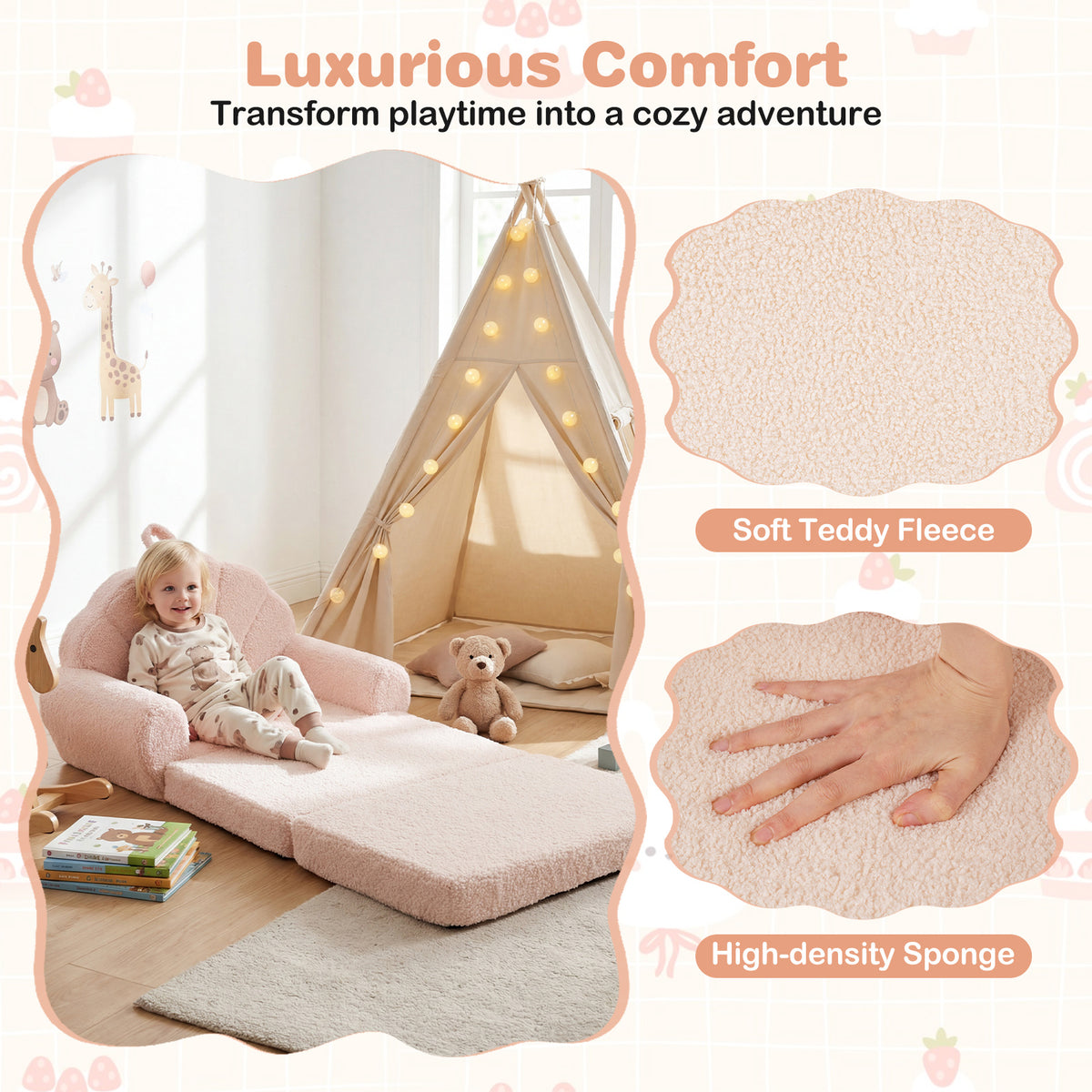 Convertible Kids Sofa 2-in-1 Fold out Toddler Couch Chair-Beige-Kids Chairs-DECOROLALA