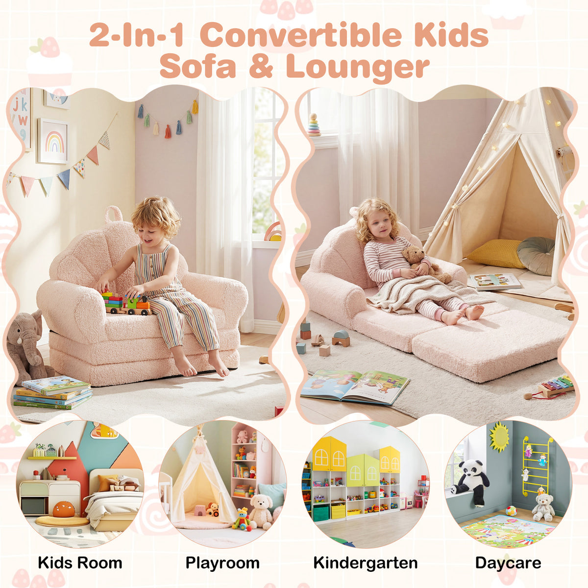 Convertible Kids Sofa 2-in-1 Fold out Toddler Couch Chair-Beige-Kids Chairs-DECOROLALA