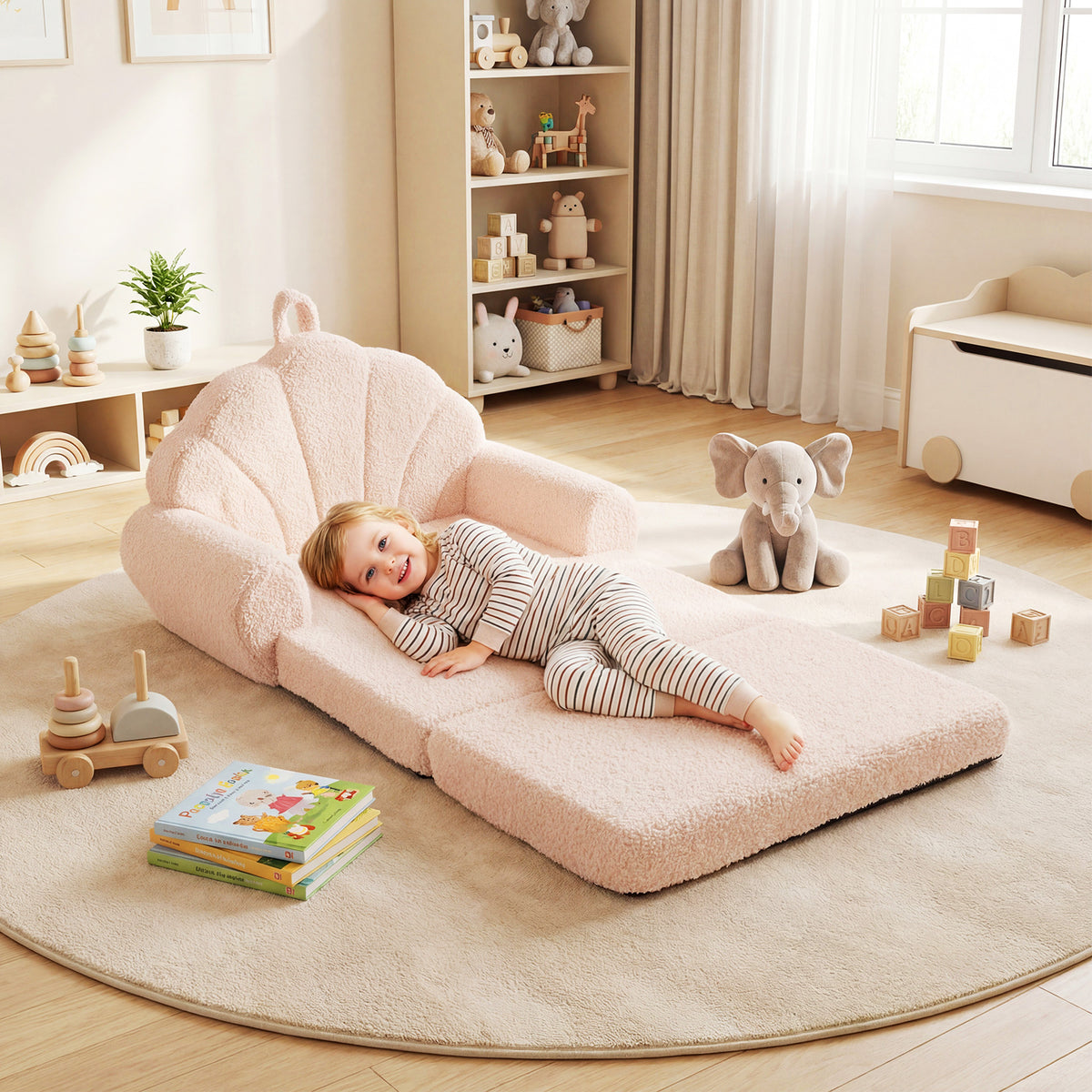 Convertible Kids Sofa 2-in-1 Fold out Toddler Couch Chair-Beige-Kids Chairs-DECOROLALA