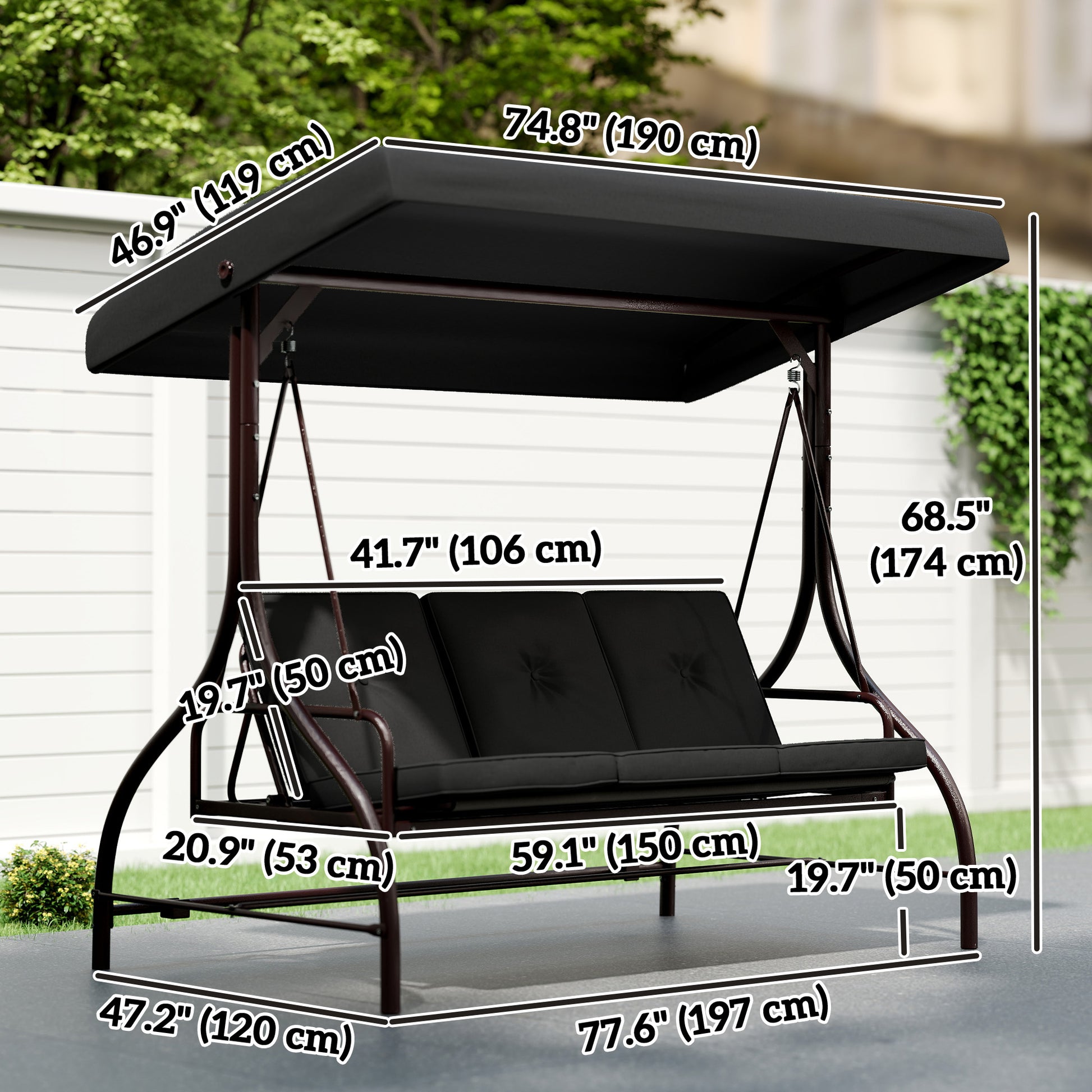 Convertible Patio Swing Bed - 3 Seater Black-DECOROLALA