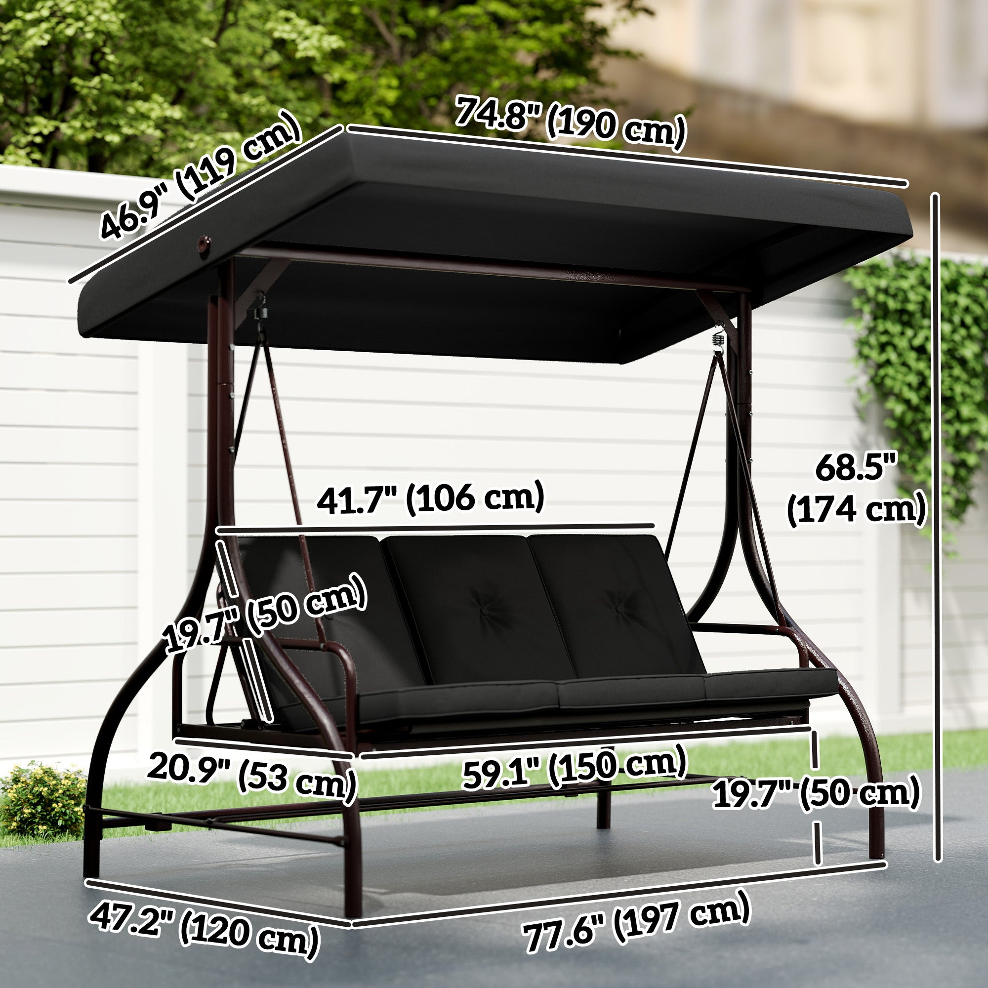 Convertible Patio Swing Bed - 3 Seater Black-DECOROLALA