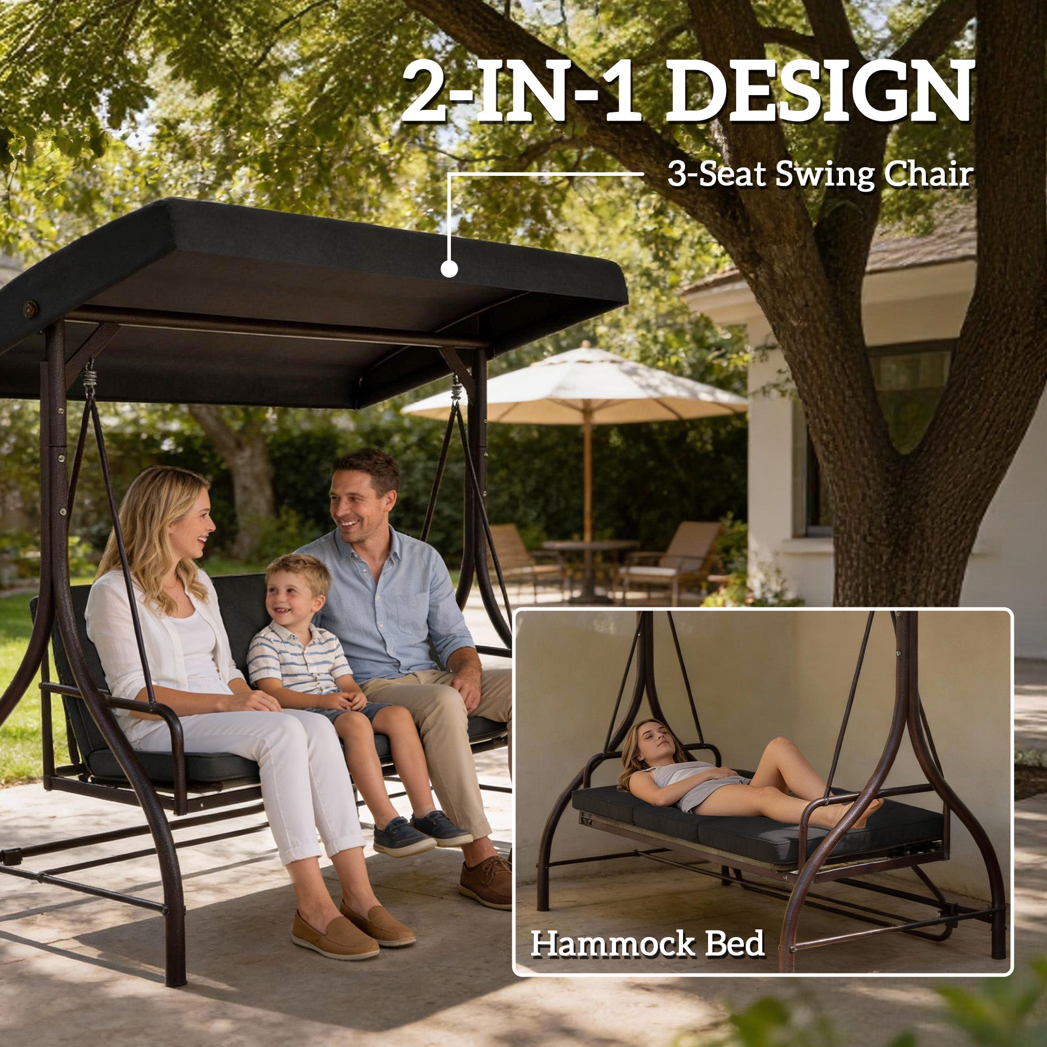 Convertible Patio Swing Bed - 3 Seater Black-DECOROLALA