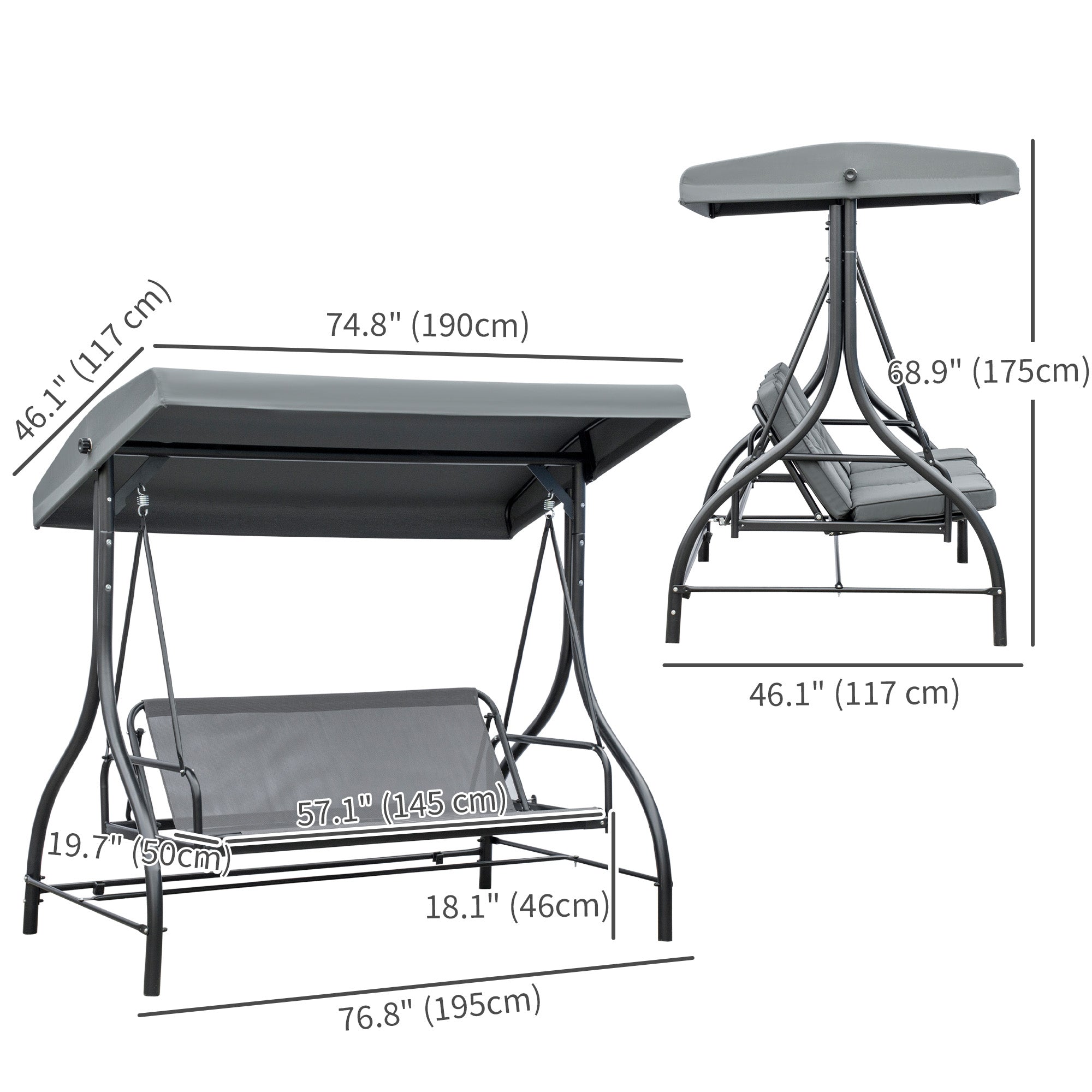 Convertible Patio Swing Bed 3-Seater w/ Canopy Dark Grey-DECOROLALA
