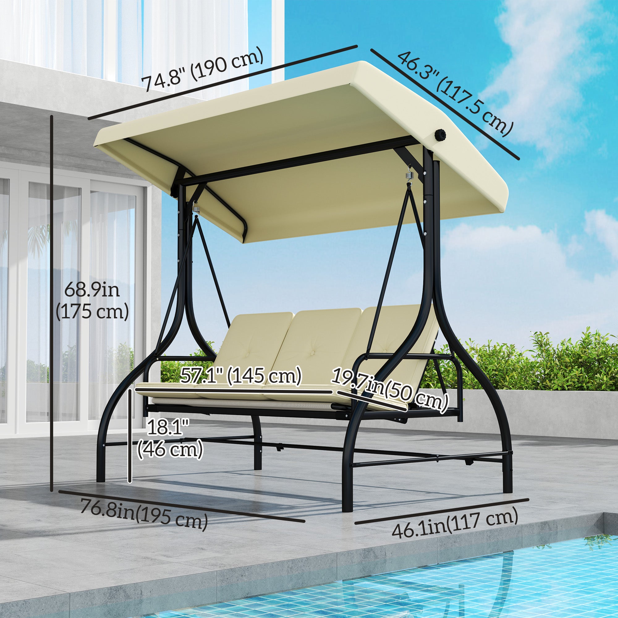 Convertible Patio Swing Bed Canopy 3 Seater Beige-DECOROLALA