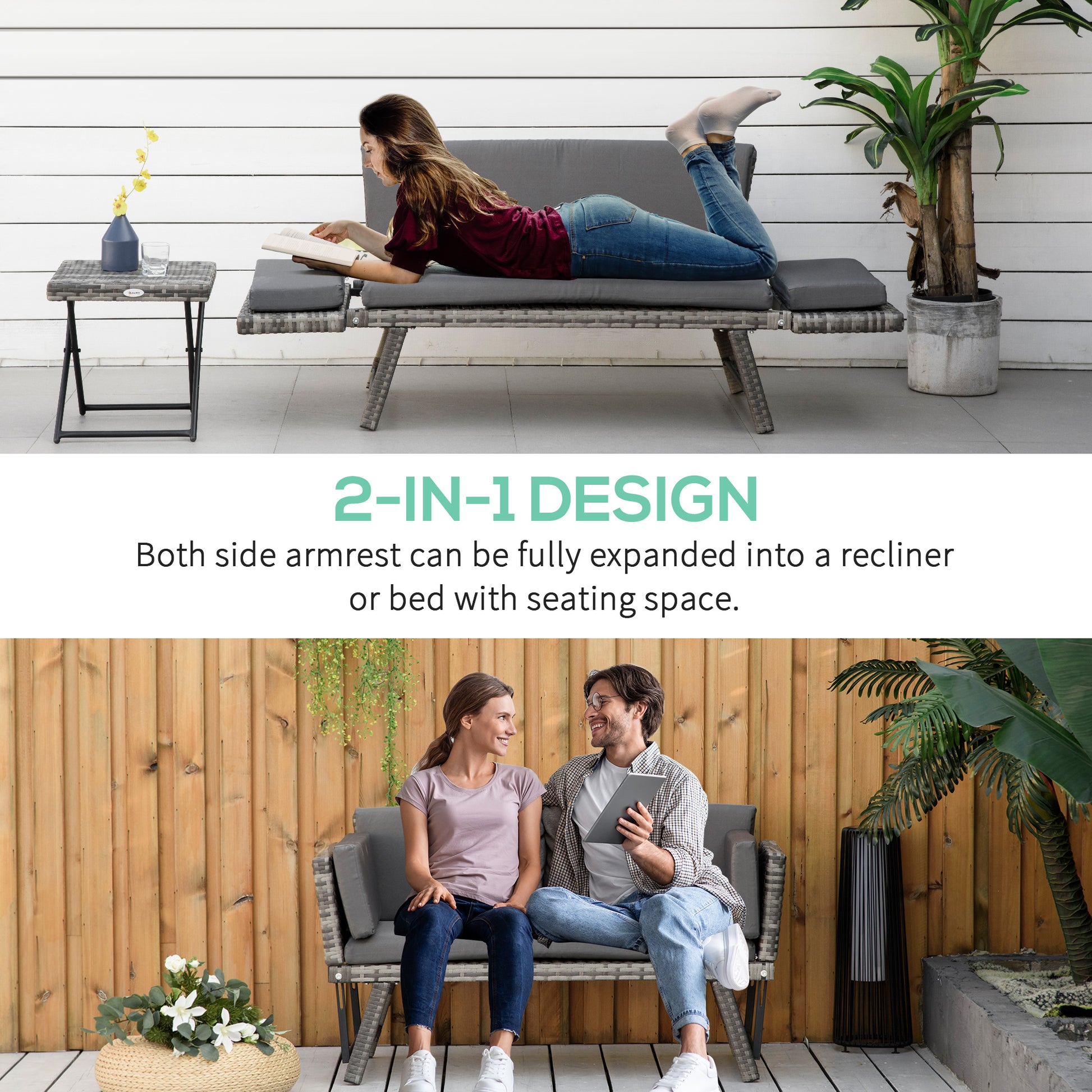 Convertible Rattan Sofa Bed - Grey-DECOROLALA
