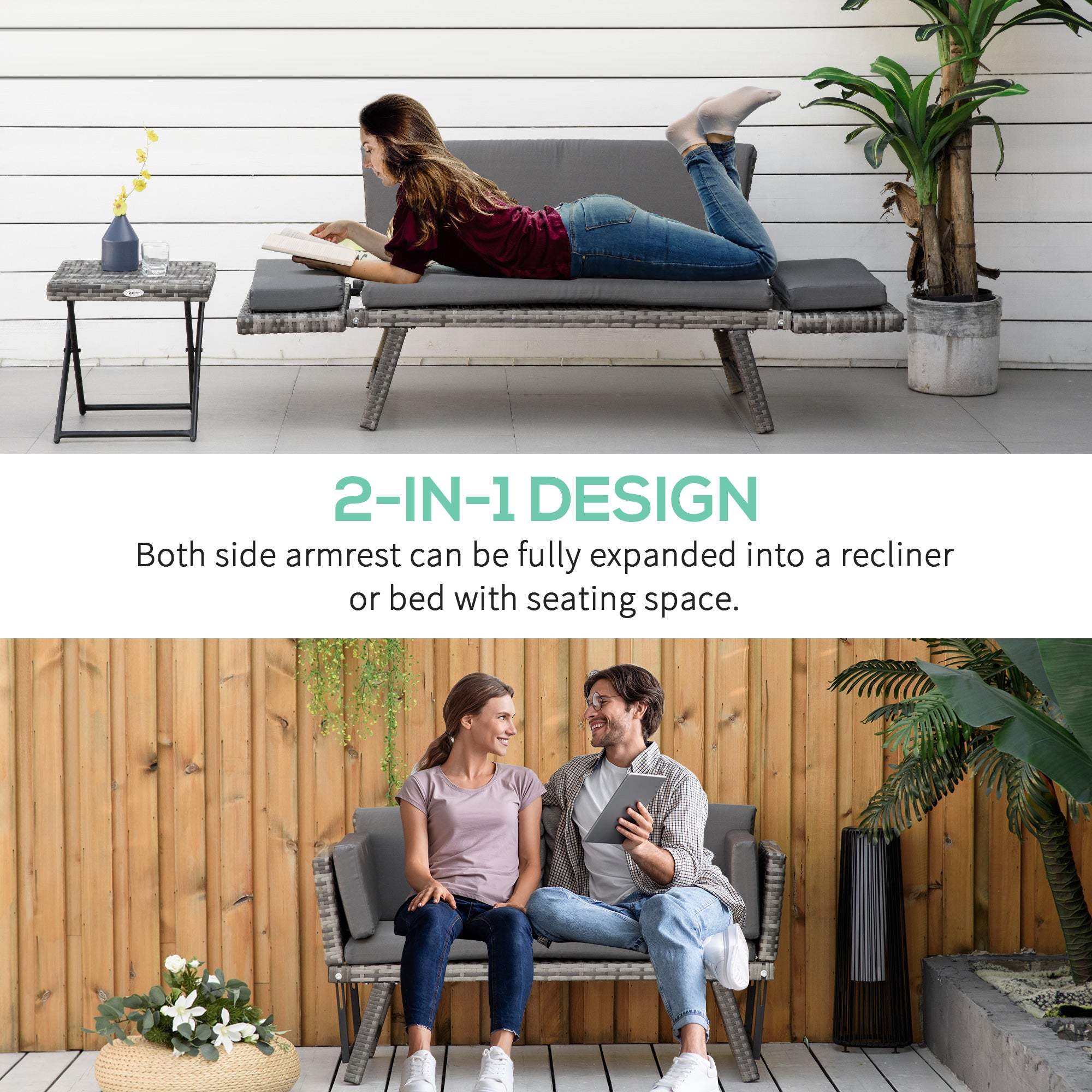 Convertible Rattan Sofa Bed - Grey-DECOROLALA