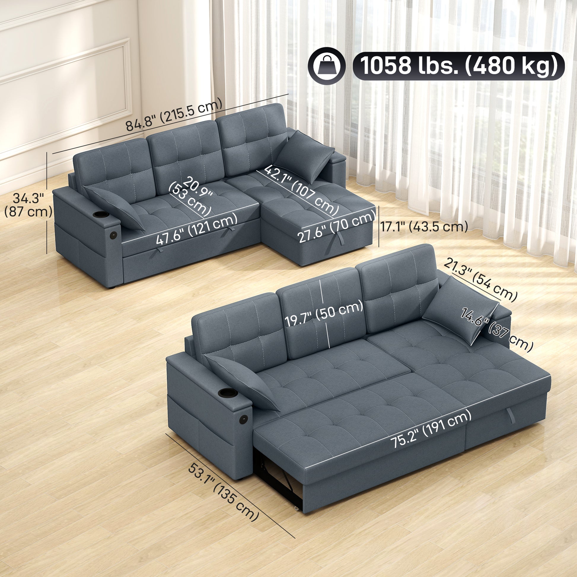Convertible Sectional Sofa Bed - Dark Grey USB-DECOROLALA