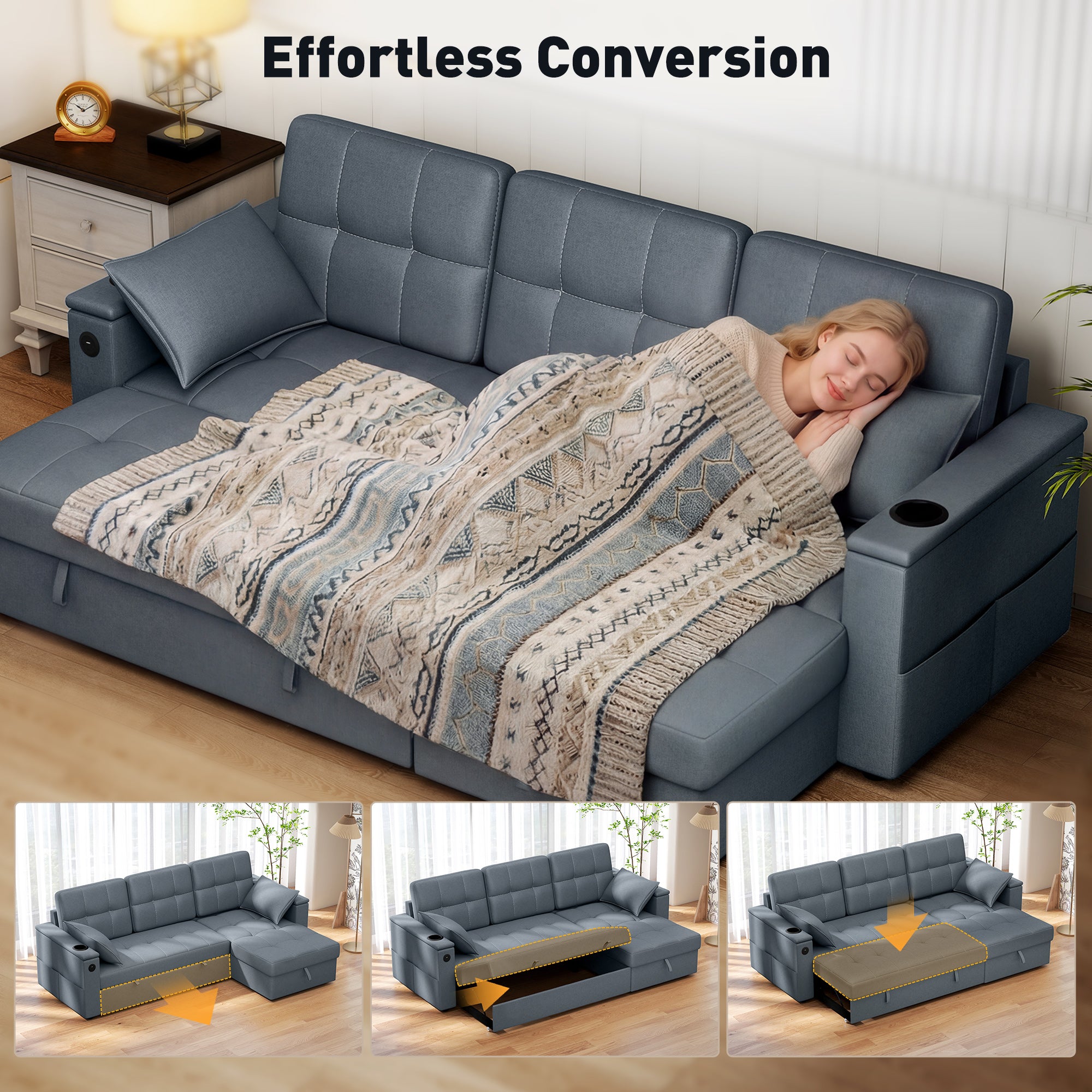 Convertible Sectional Sofa Bed - Dark Grey USB-DECOROLALA
