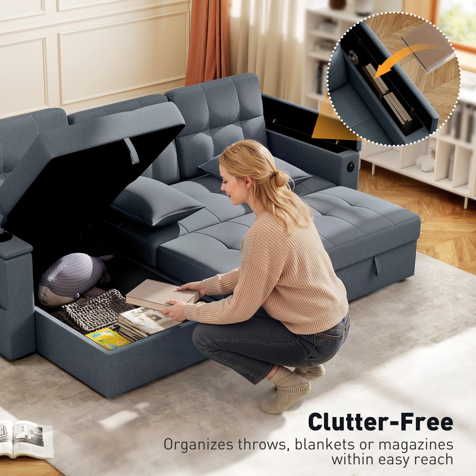 Convertible Sectional Sofa Bed - Dark Grey USB-DECOROLALA