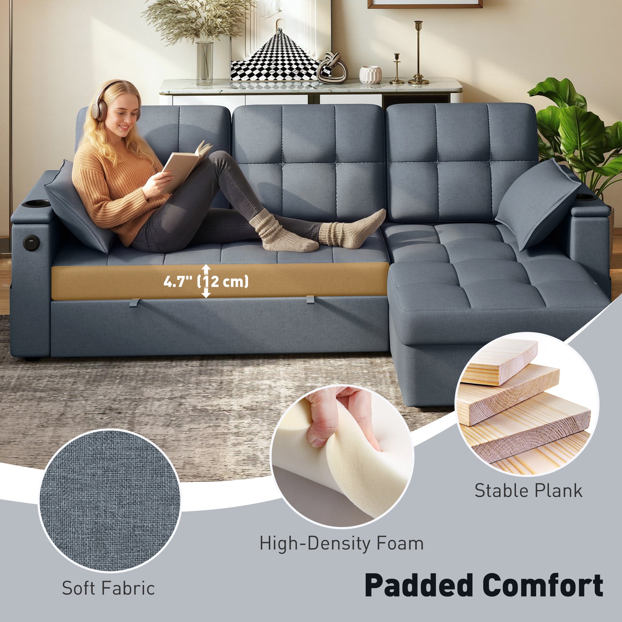 Convertible Sectional Sofa Bed - Dark Grey USB-DECOROLALA