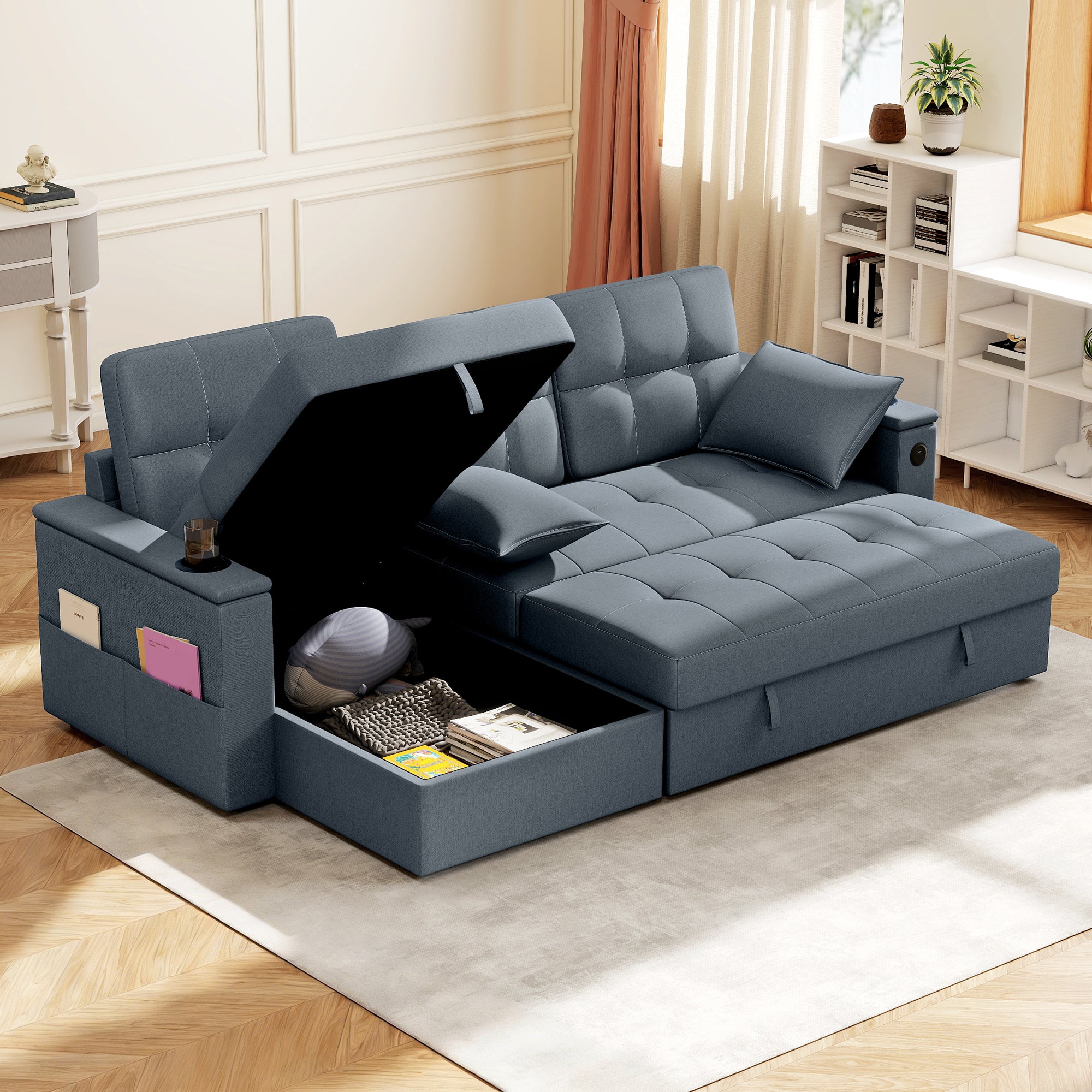 Convertible Sectional Sofa Bed - Dark Grey USB-DECOROLALA