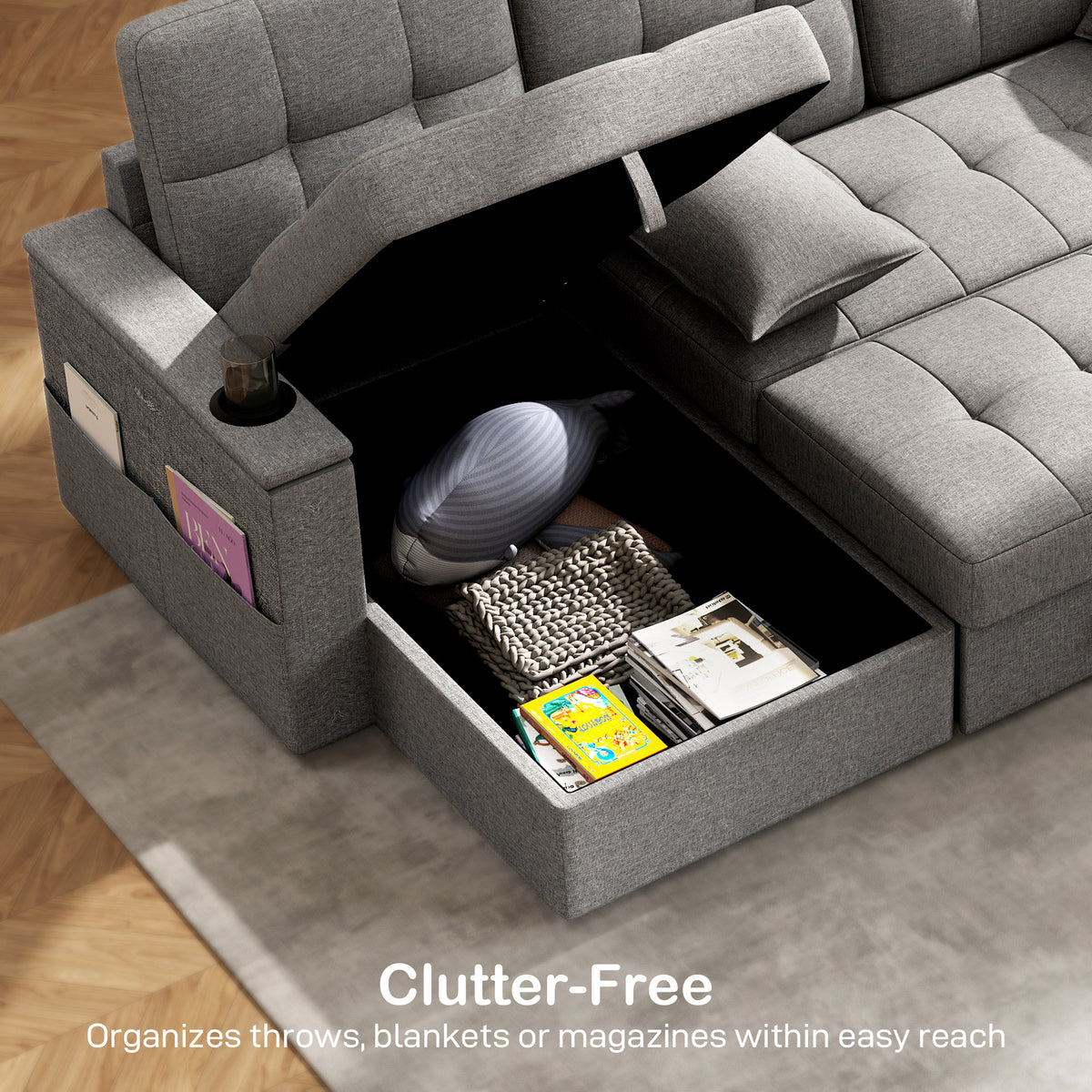 Convertible Sectional Sofa Bed - Grey USB-Sofa Beds-DECOROLALA