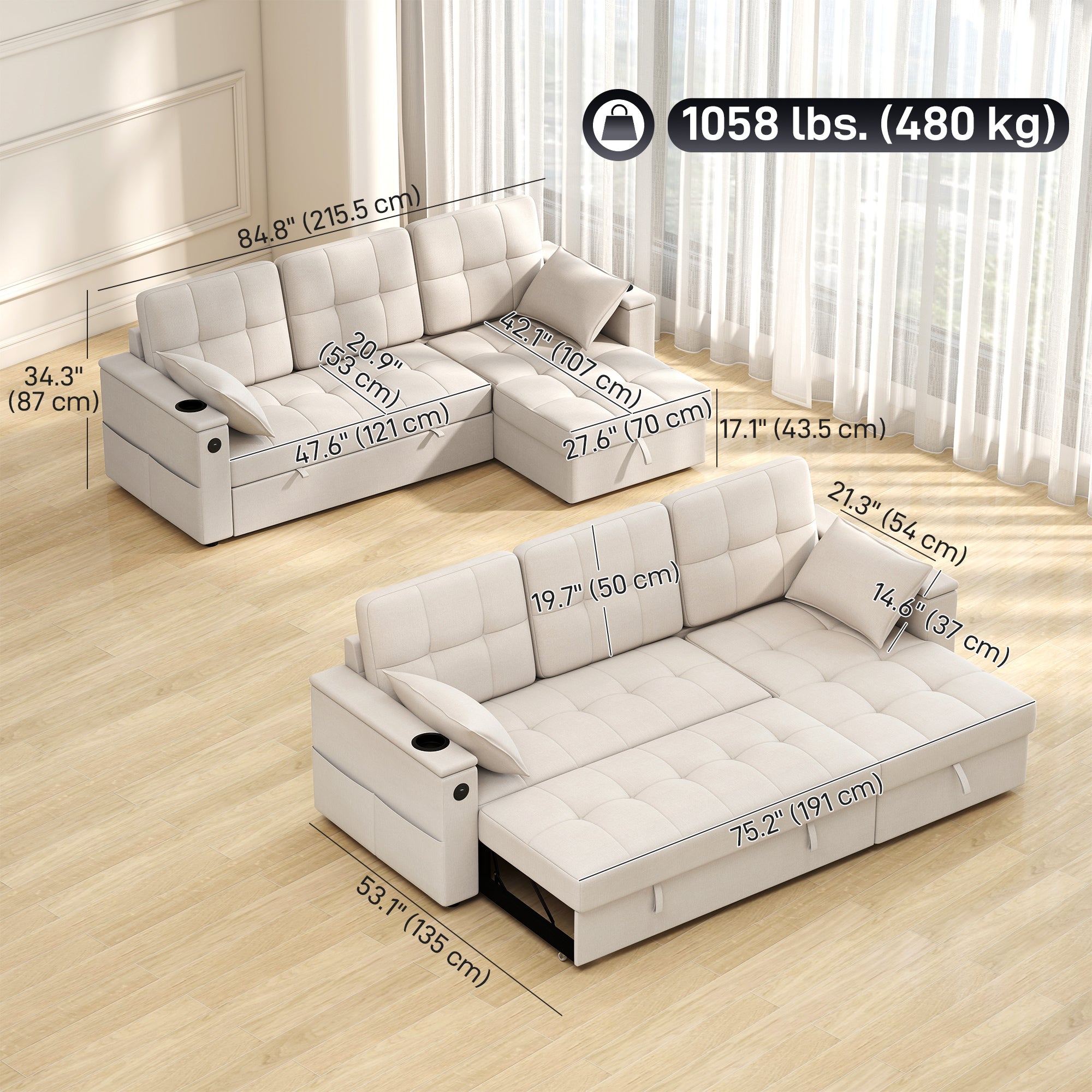 Convertible Sectional Sofa Bed USB Beige-DECOROLALA