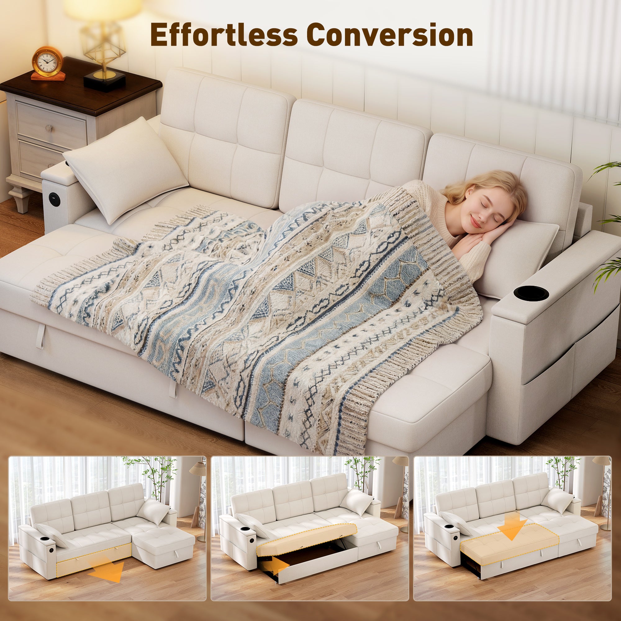 Convertible Sectional Sofa Bed USB Beige-DECOROLALA