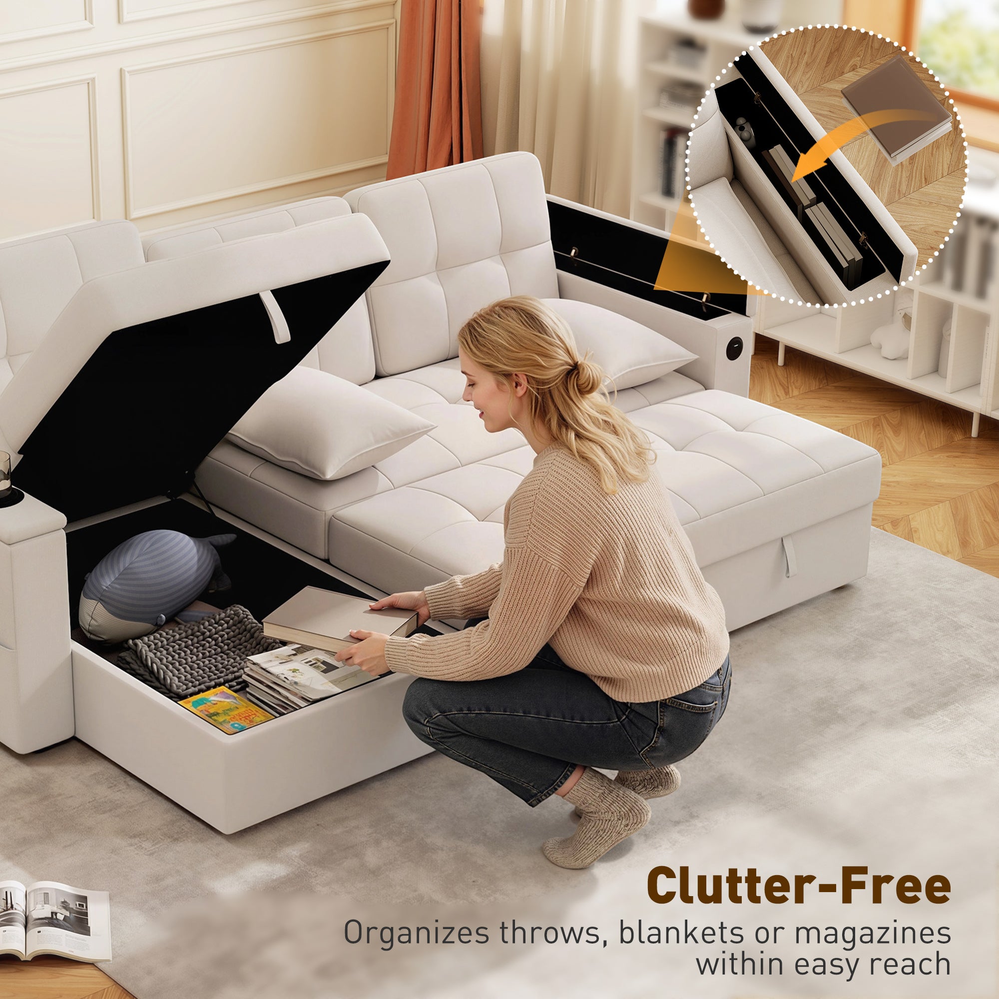 Convertible Sectional Sofa Bed USB Beige-DECOROLALA