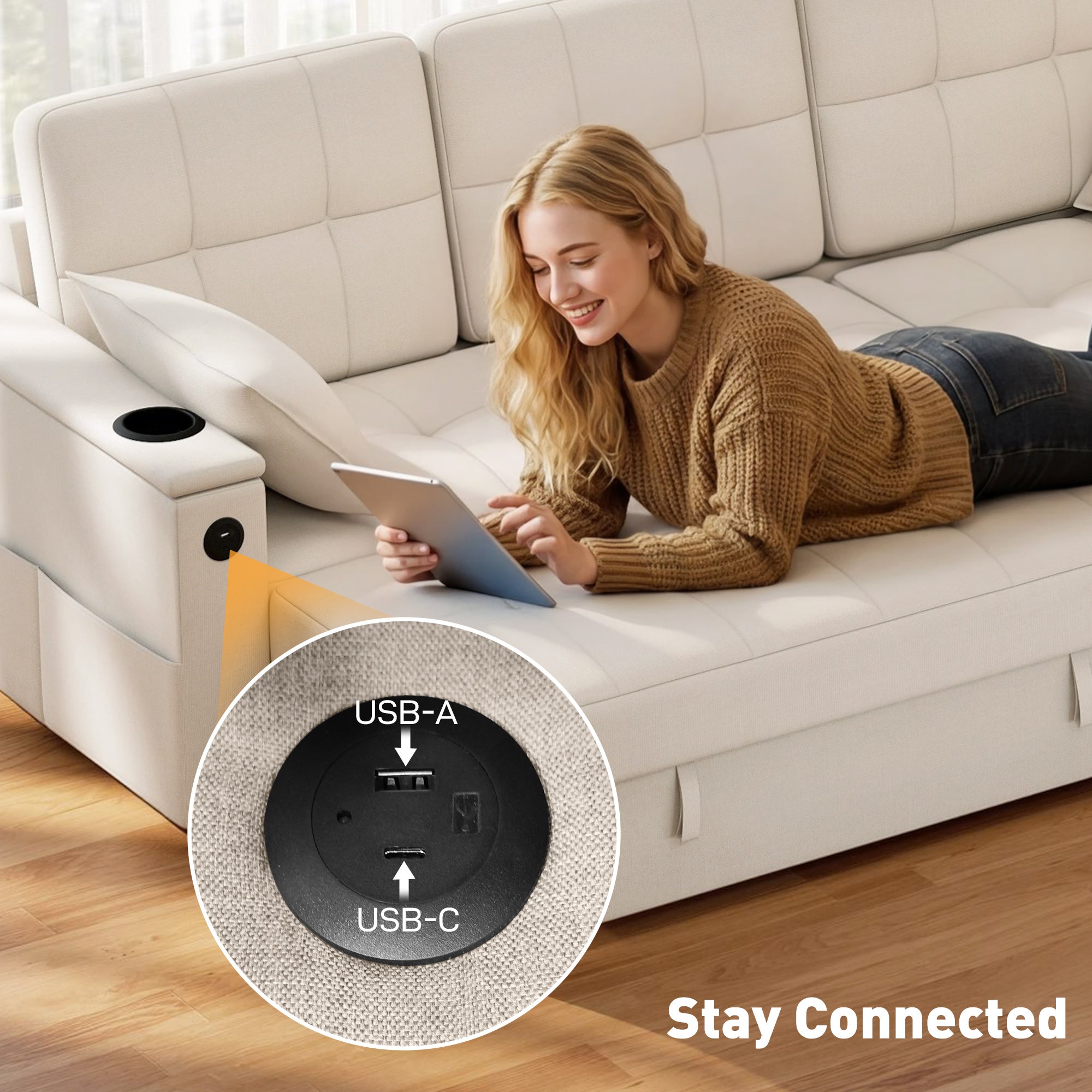 Convertible Sectional Sofa Bed USB Beige-DECOROLALA