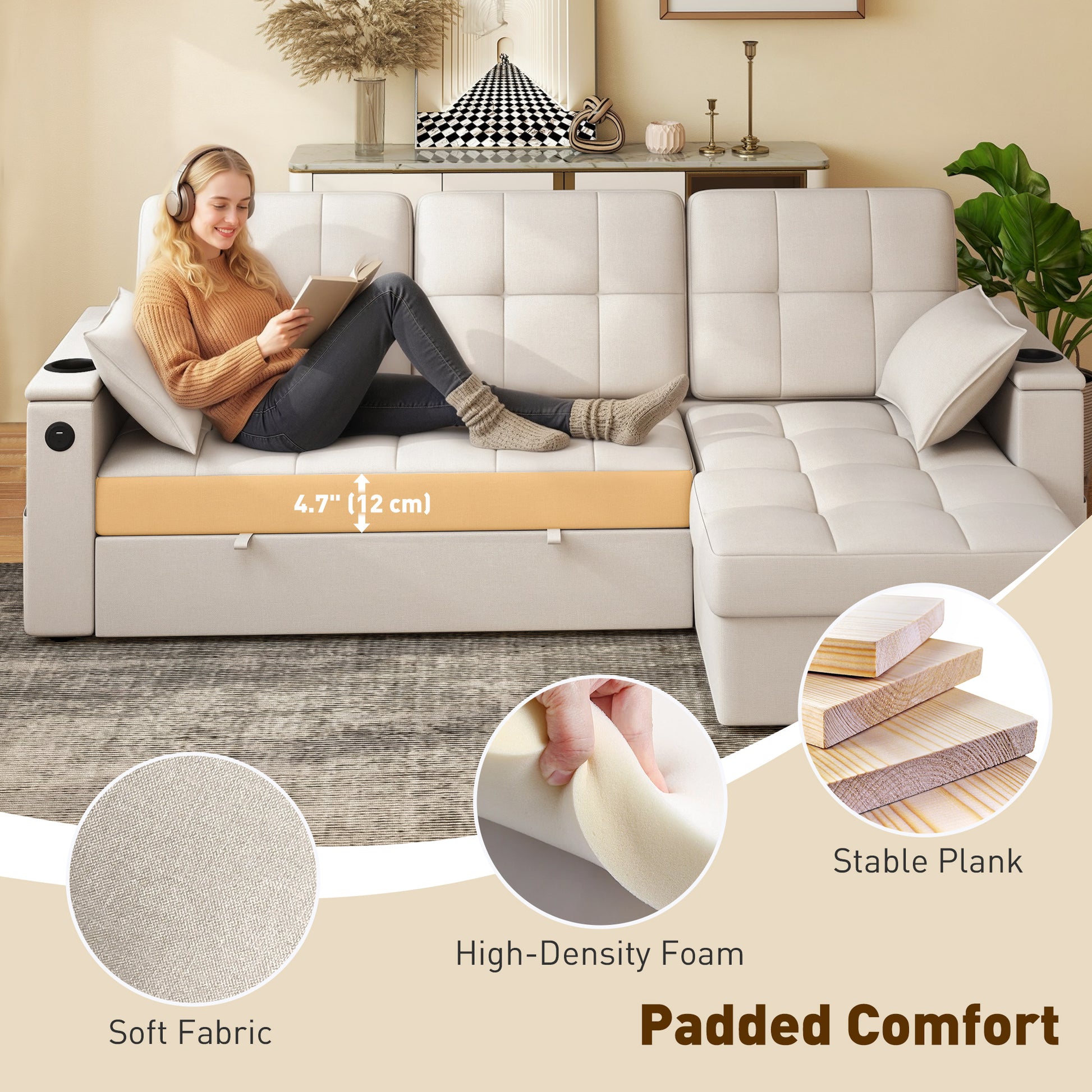 Convertible Sectional Sofa Bed USB Beige-DECOROLALA