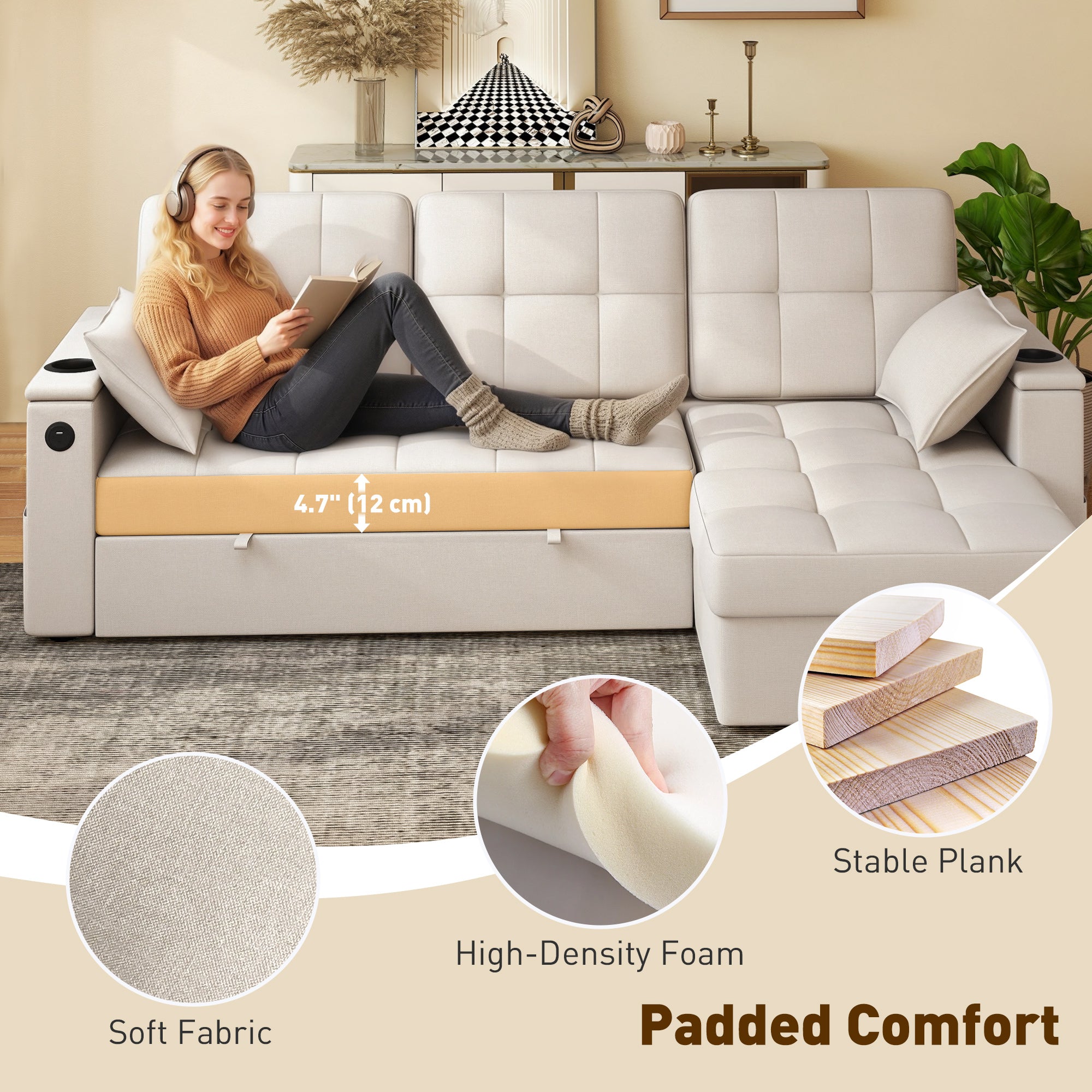 Convertible Sectional Sofa Bed USB Beige-DECOROLALA
