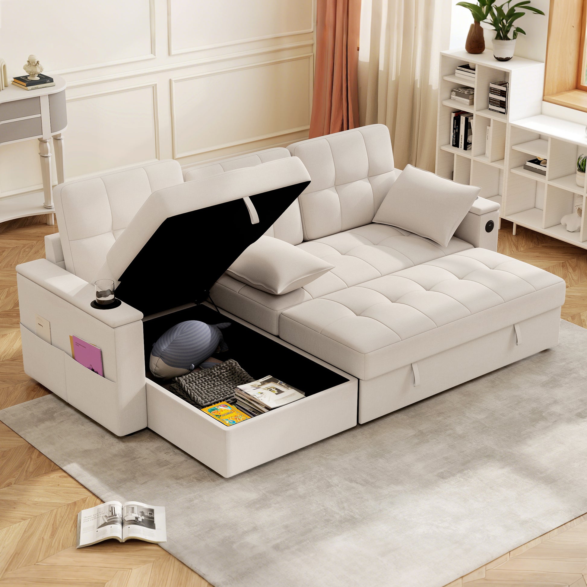 Convertible Sectional Sofa Bed USB Beige-DECOROLALA