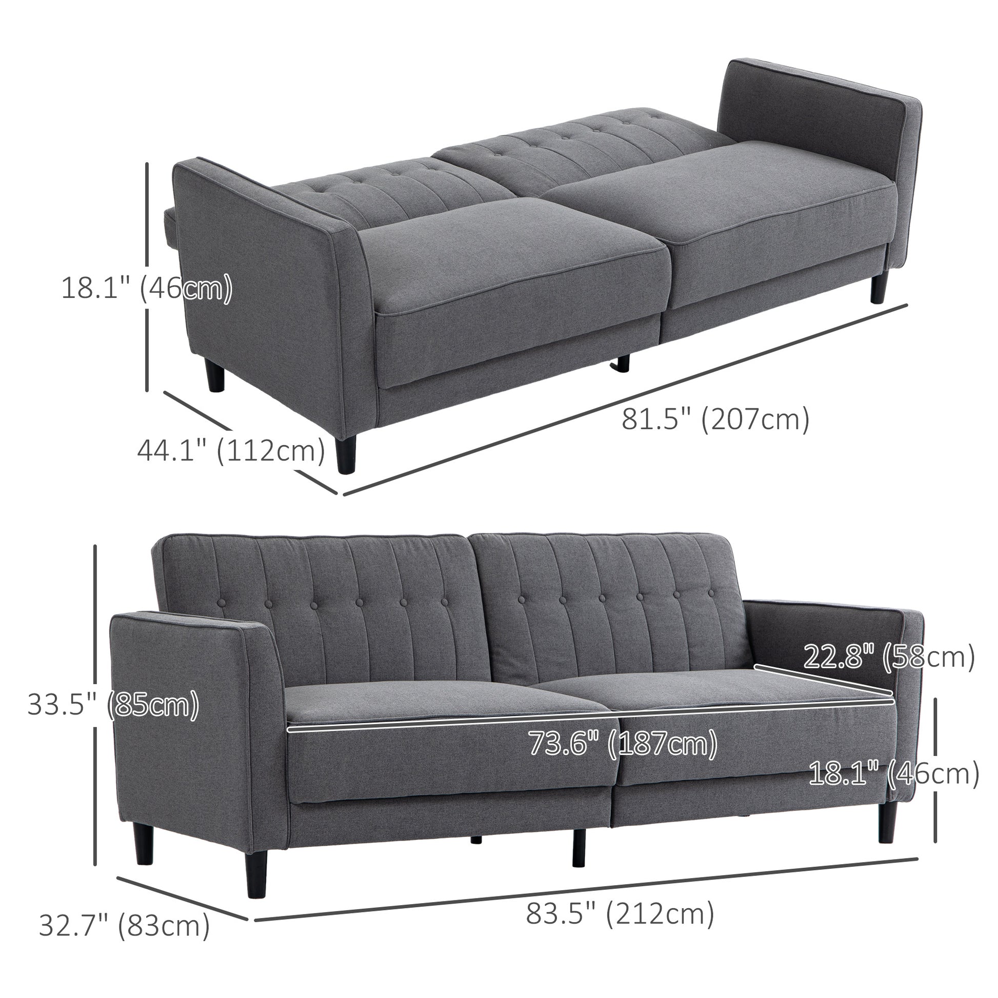 Convertible Sofa Bed - Charcoal Grey Button Tufted-DECOROLALA