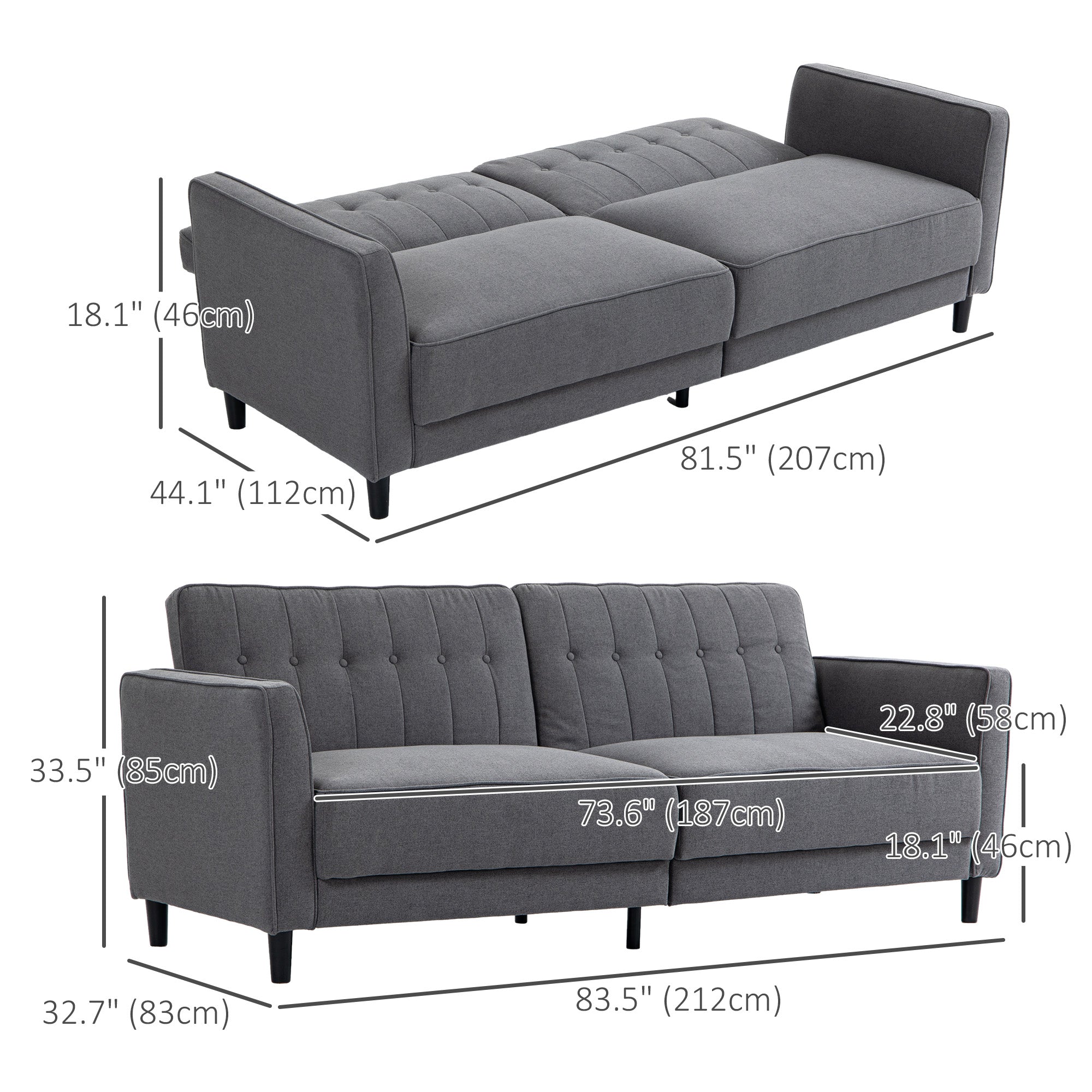 Convertible Sofa Bed - Charcoal Grey Button Tufted-DECOROLALA