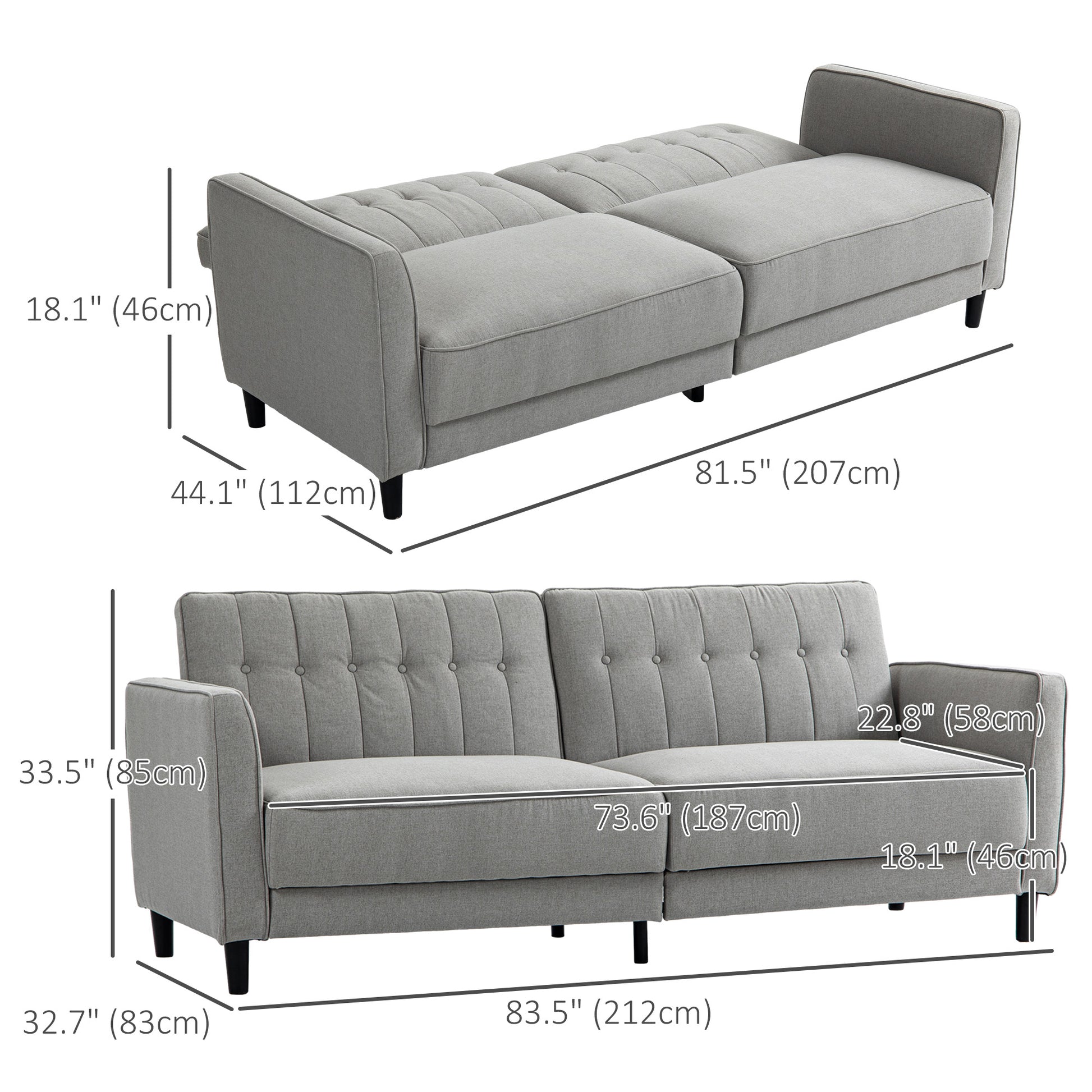 Convertible Sofa Bed - Charcoal Grey Button Tufted-DECOROLALA