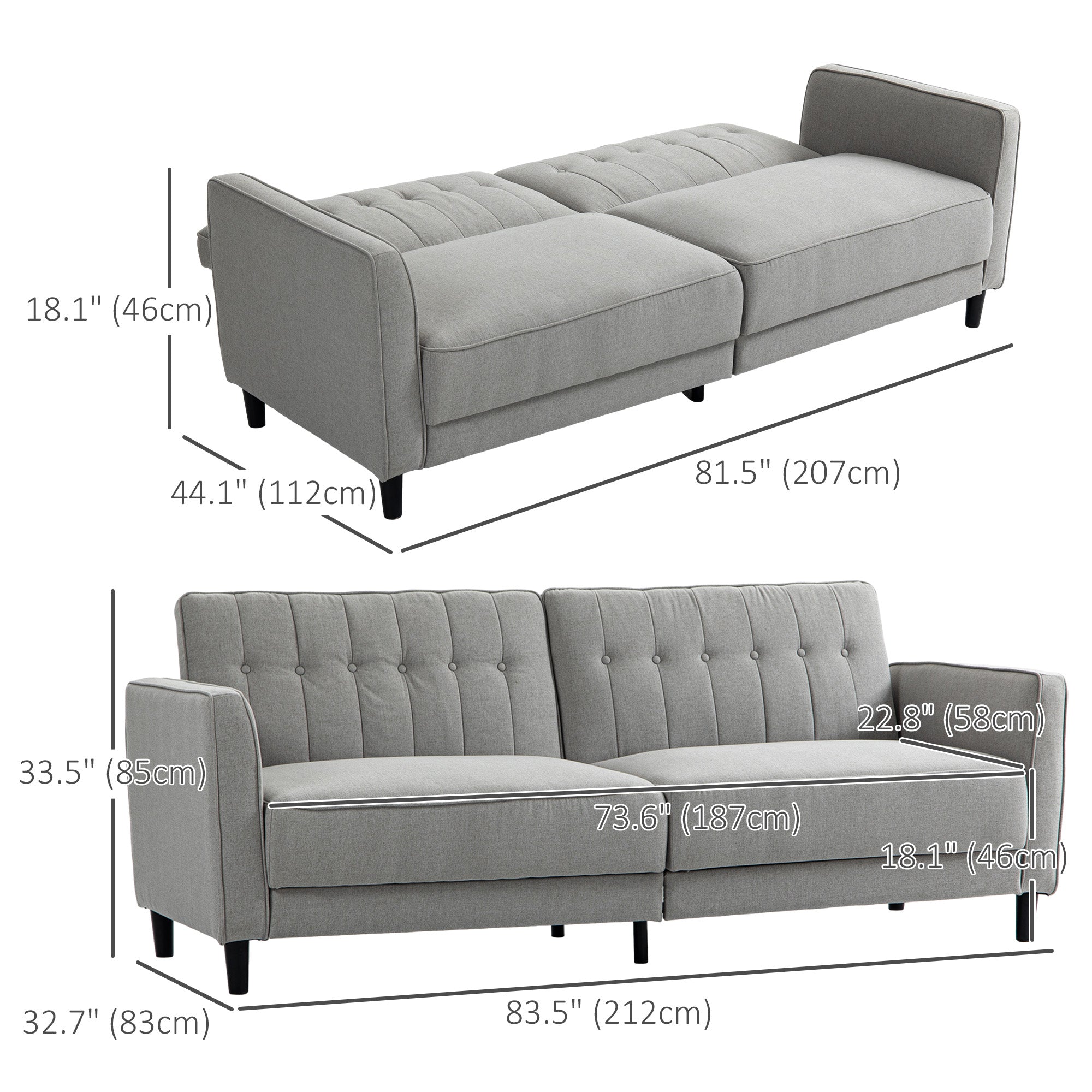 Convertible Sofa Bed - Charcoal Grey Button Tufted-DECOROLALA