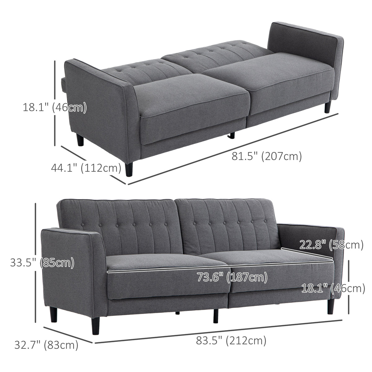 Convertible Sofa Bed - Charcoal Grey Button Tufted-DECOROLALA
