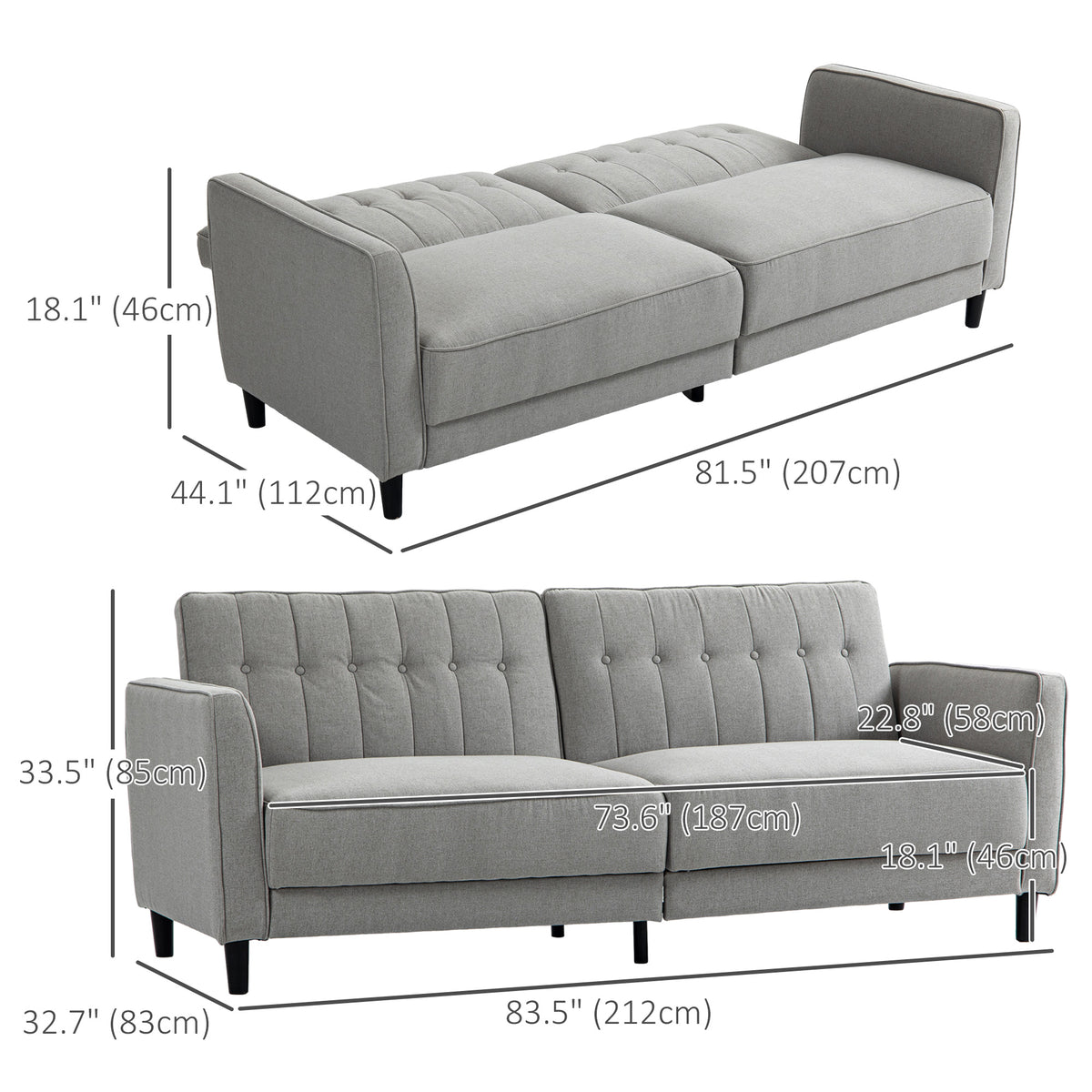 Convertible Sofa Bed - Charcoal Grey Button Tufted-DECOROLALA