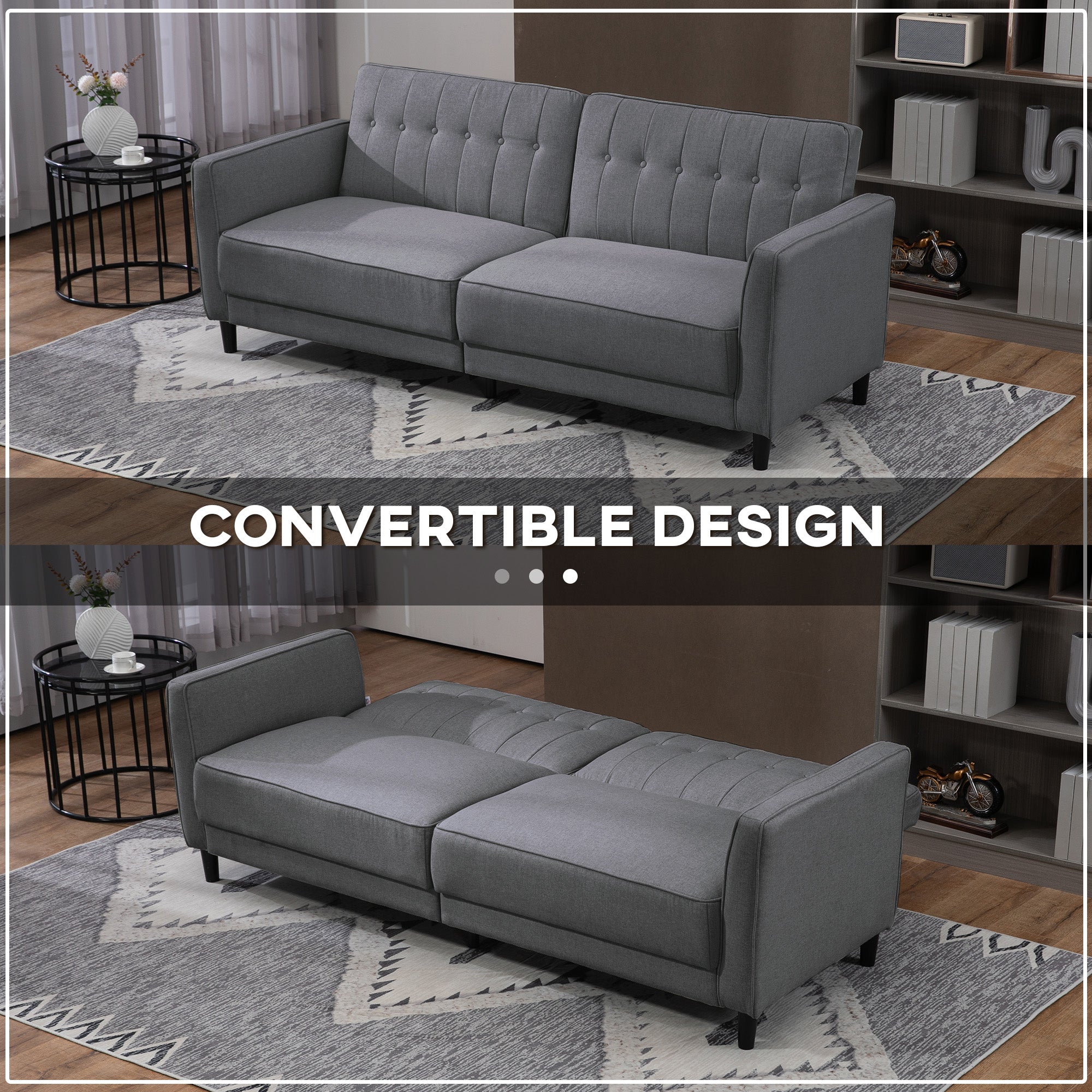 Convertible Sofa Bed - Charcoal Grey Button Tufted-DECOROLALA