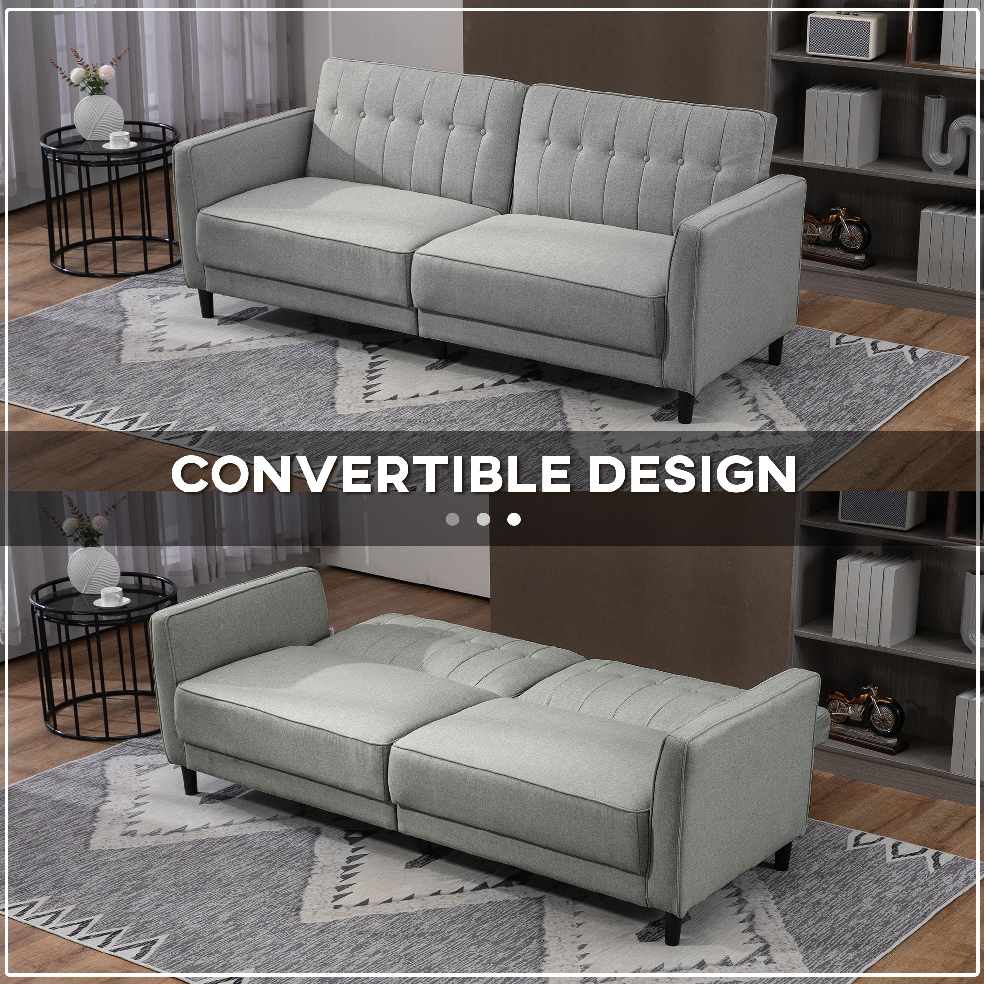 Convertible Sofa Bed - Charcoal Grey Button Tufted-DECOROLALA