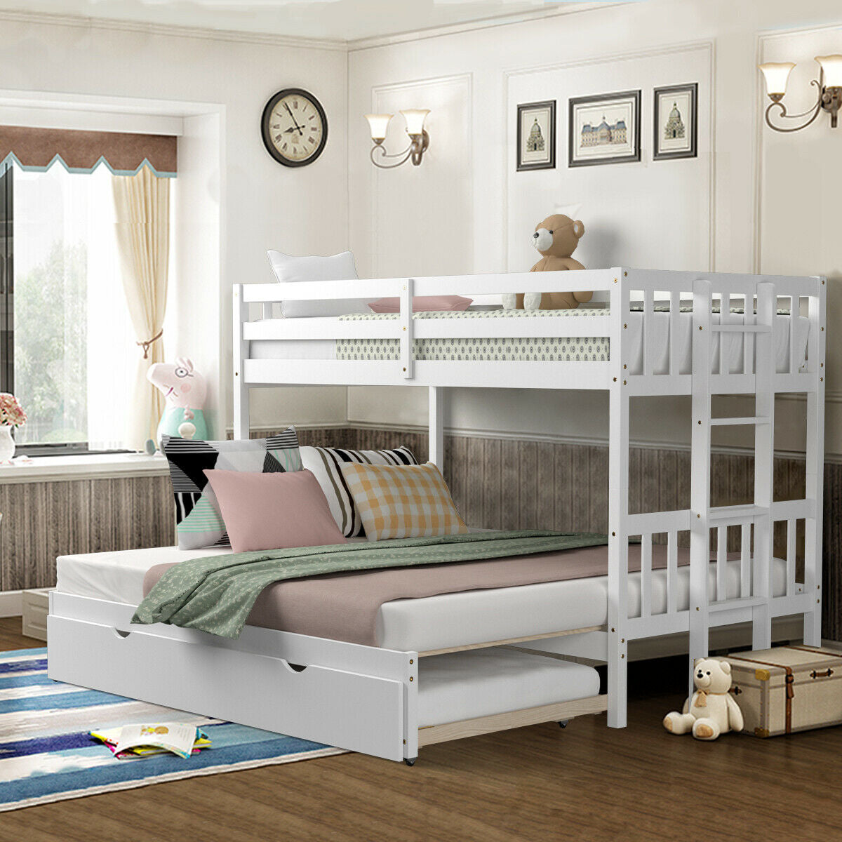 Convertible Wooden Bunk Bed with Trundle - 3-in-1 Design-Bunk Bed Frame-DECOROLALA