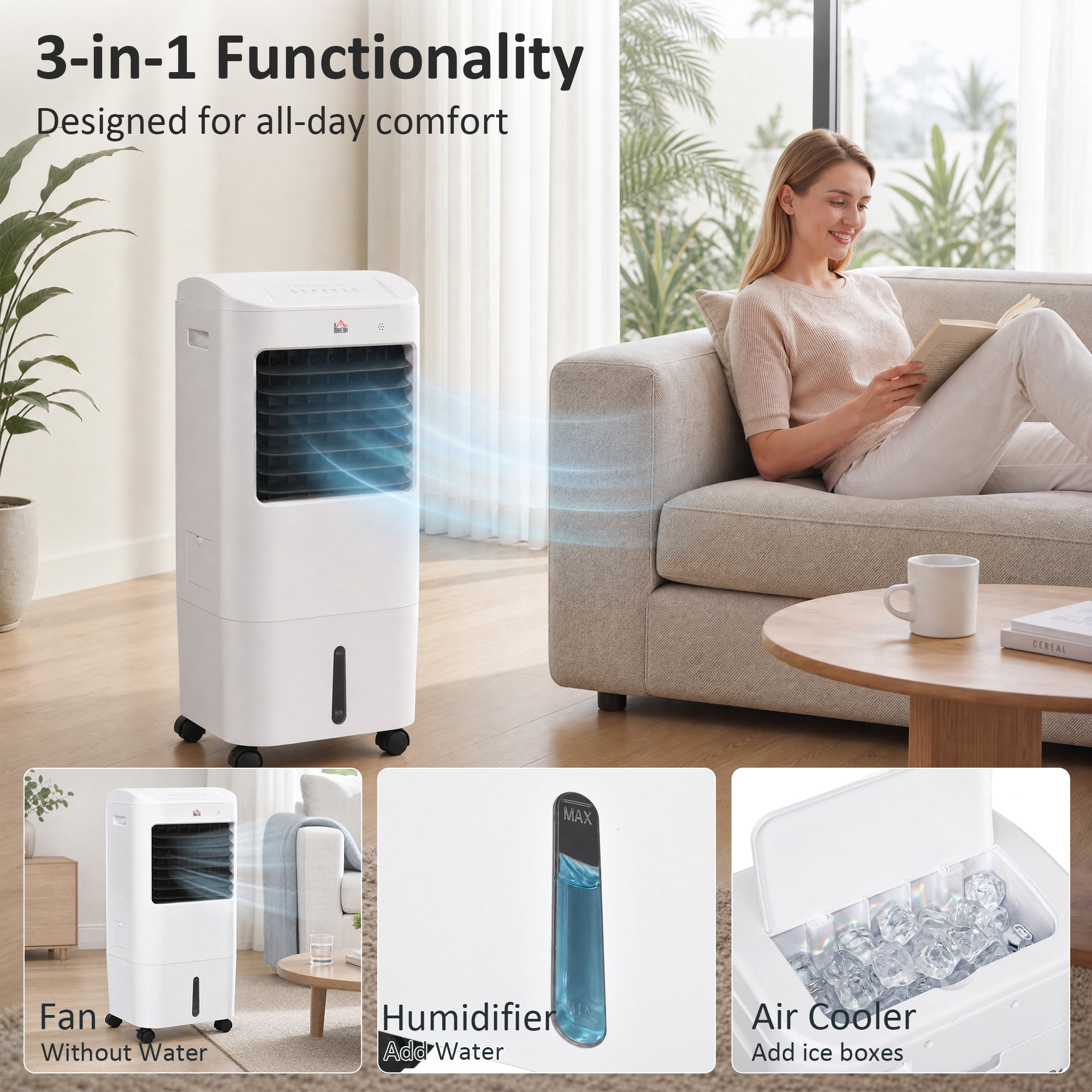 Cooling Fan for Bedroom with Ice Pack, Tower Fan with Remote Control, 3 Modes, 3 Speeds, 7.5H Timer, White-Fans-DECOROLALA