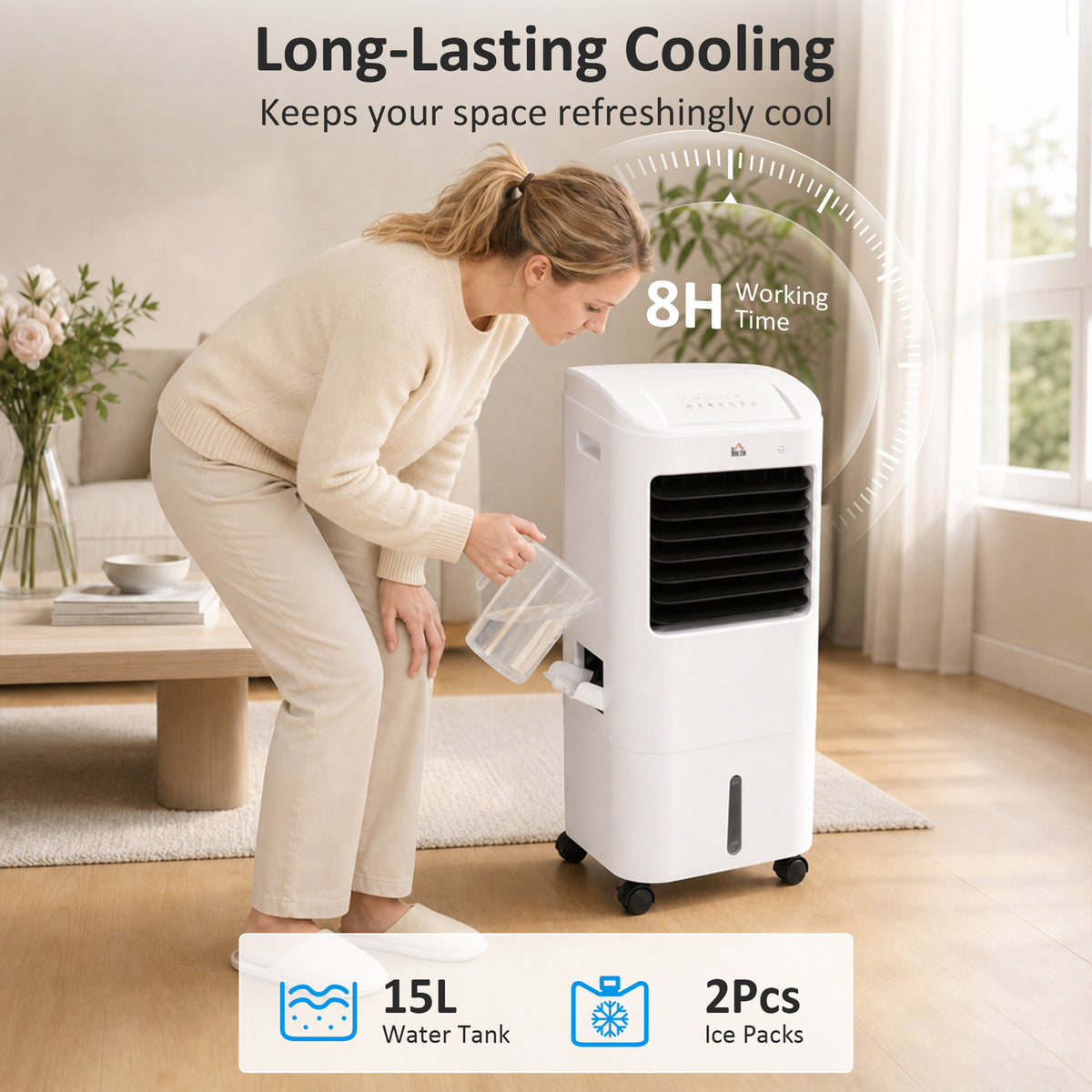 Cooling Fan for Bedroom with Ice Pack, Tower Fan with Remote Control, 3 Modes, 3 Speeds, 7.5H Timer, White-Fans-DECOROLALA