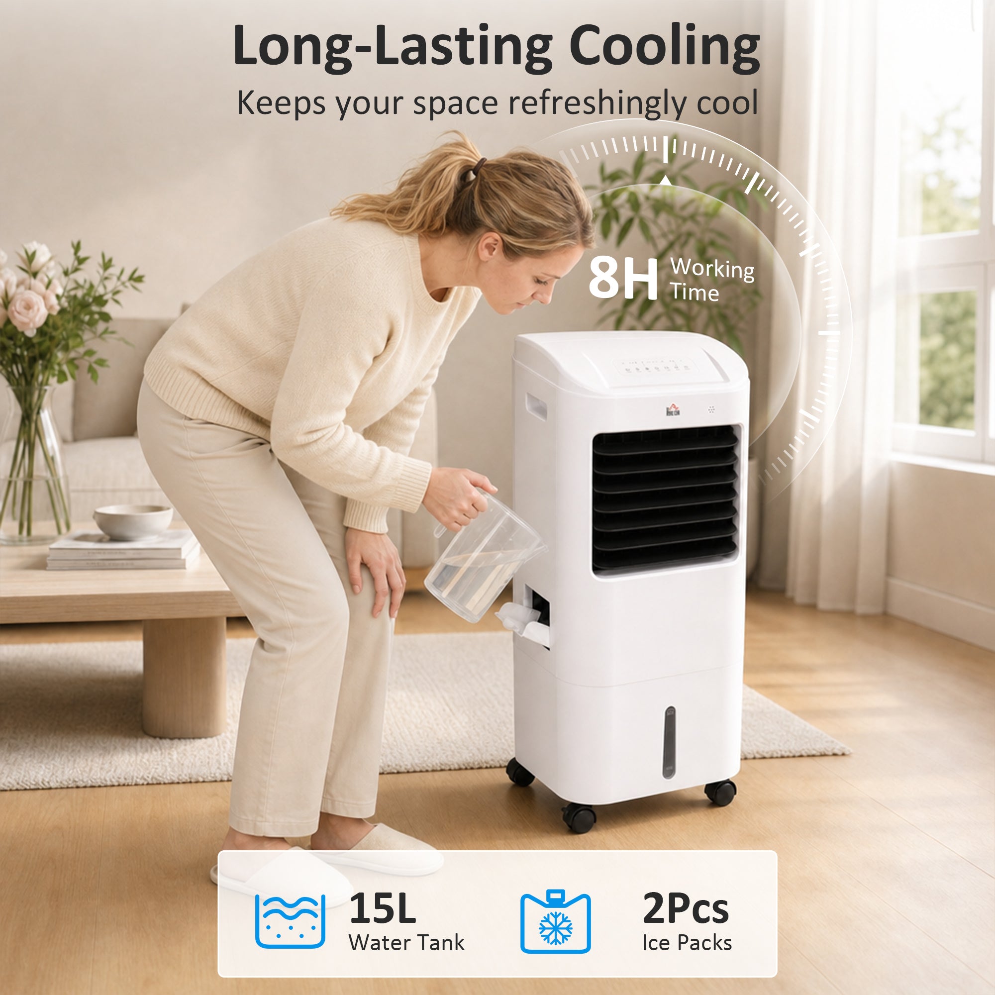 Cooling Fan for Bedroom with Ice Pack, Tower Fan with Remote Control, 3 Modes, 3 Speeds, 7.5H Timer, White-Fans-DECOROLALA