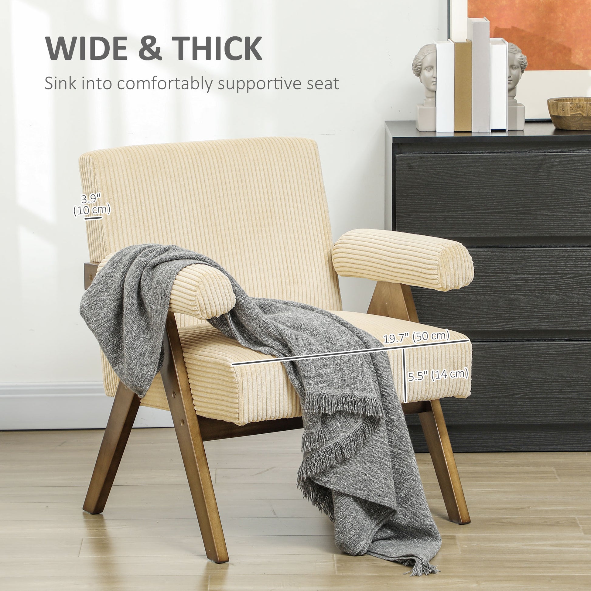 Corduroy Accent Chair Beige - Wide Seat, Soft Armrests, Reading Chair-DECOROLALA