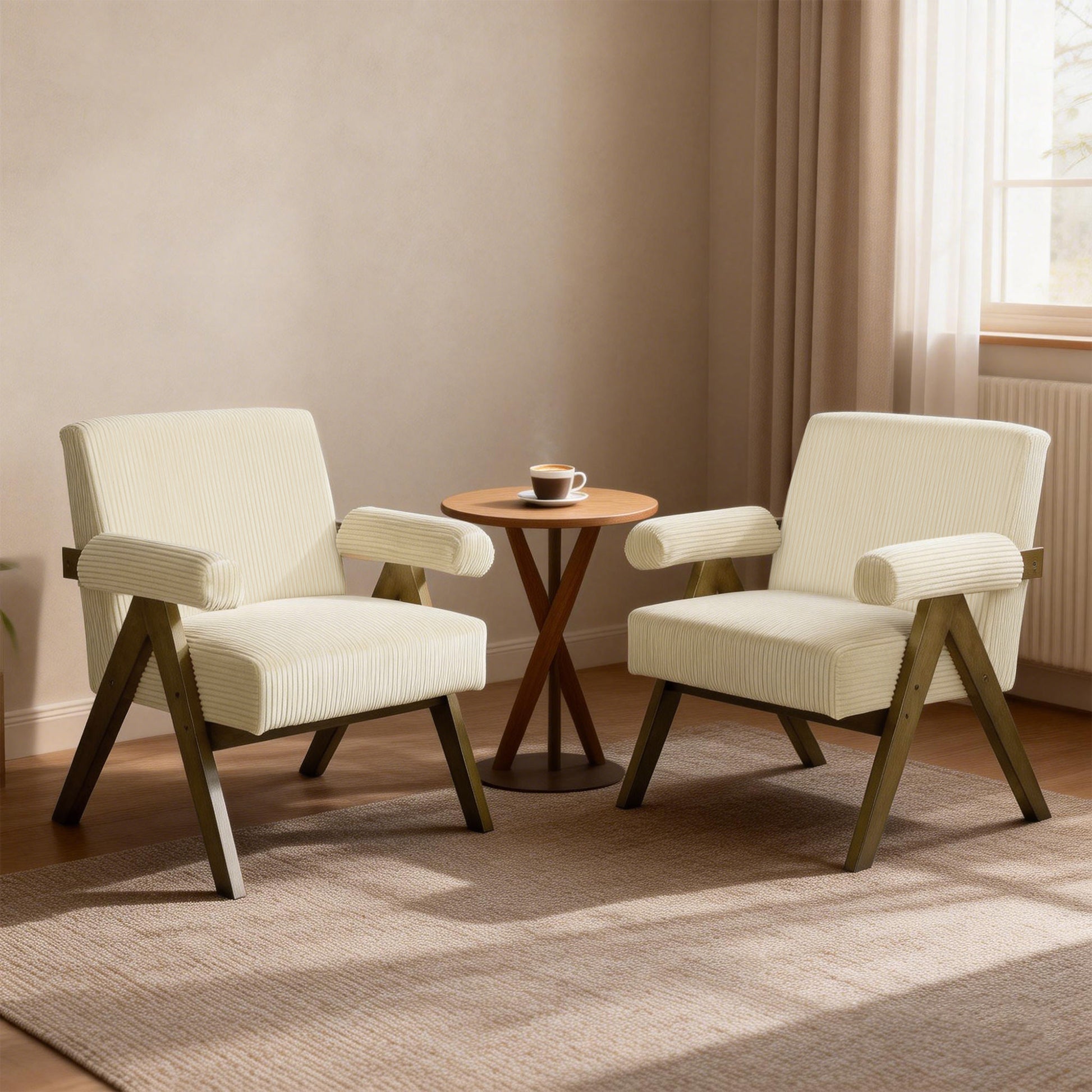Corduroy Accent Chair Beige - Wide Seat, Soft Armrests, Reading Chair-DECOROLALA