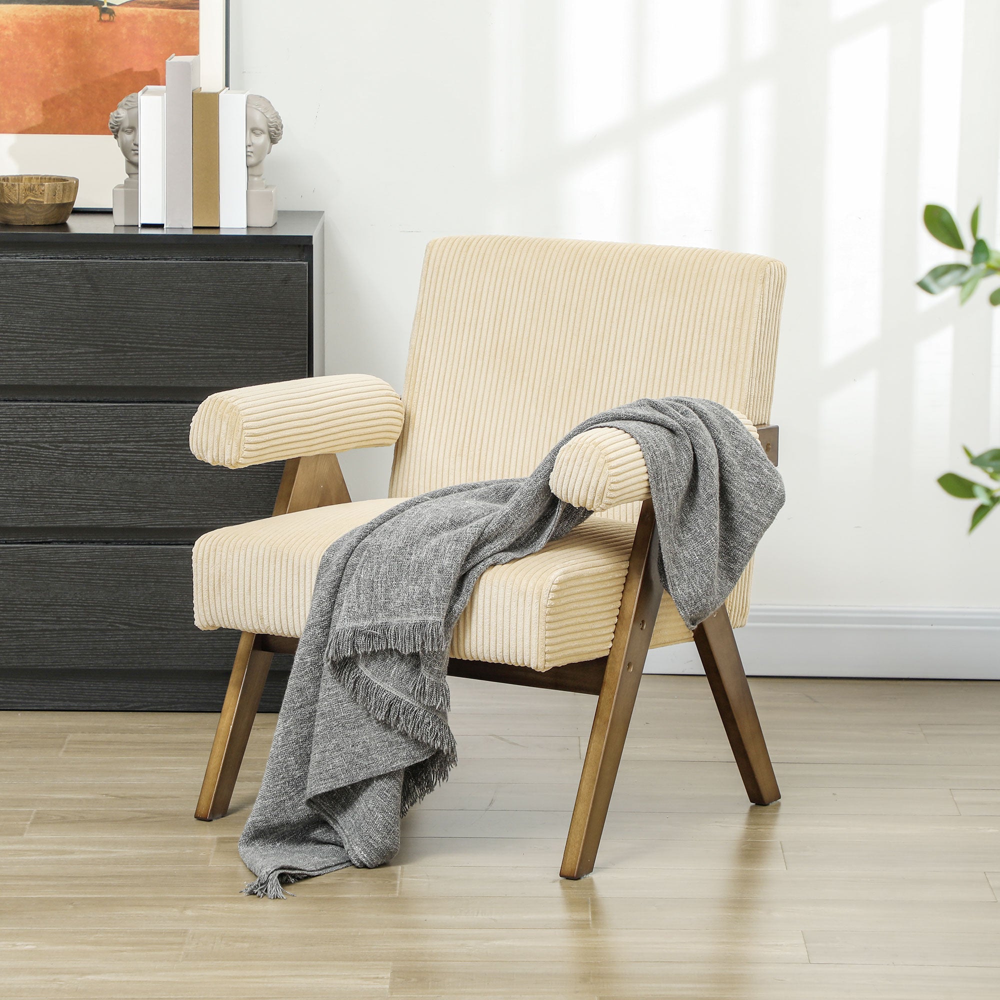 Corduroy Accent Chair Beige - Wide Seat, Soft Armrests, Reading Chair-DECOROLALA