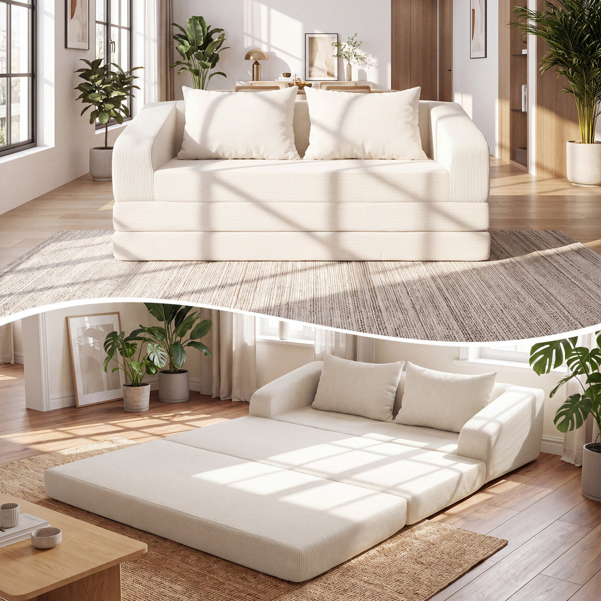 Corduroy Loveseat Sleeper Sofa with 2 Back Cushions for Living Room Bedroom Apartment-Beige-Sofas & Loveseats-DECOROLALA