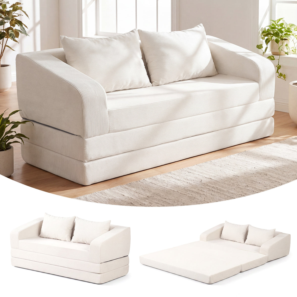 Corduroy Loveseat Sleeper Sofa with 2 Back Cushions for Living Room Bedroom Apartment-Beige-Sofas & Loveseats-DECOROLALA