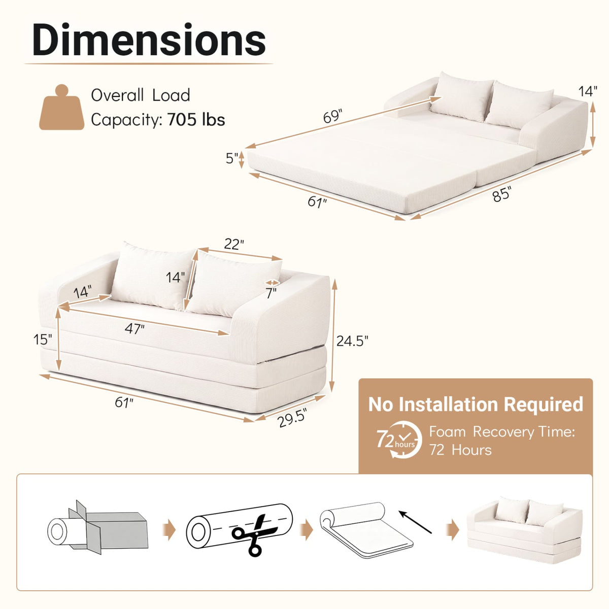 Corduroy Loveseat Sleeper Sofa with 2 Back Cushions for Living Room Bedroom Apartment-Beige-Sofas & Loveseats-DECOROLALA