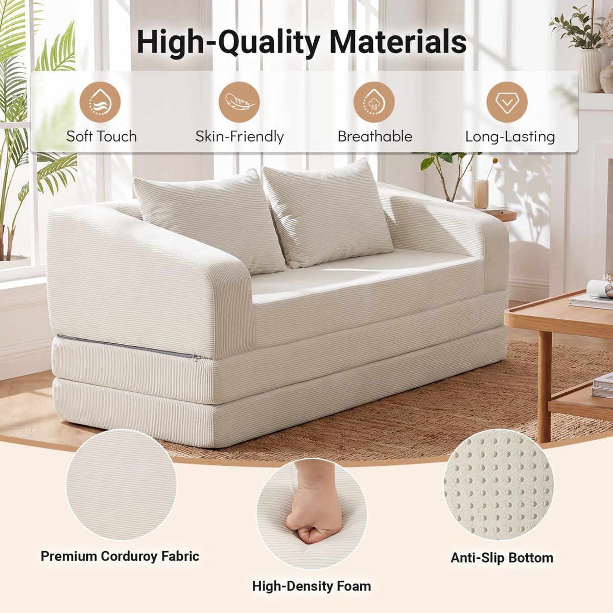 Corduroy Loveseat Sleeper Sofa with 2 Back Cushions for Living Room Bedroom Apartment-Beige-Sofas & Loveseats-DECOROLALA