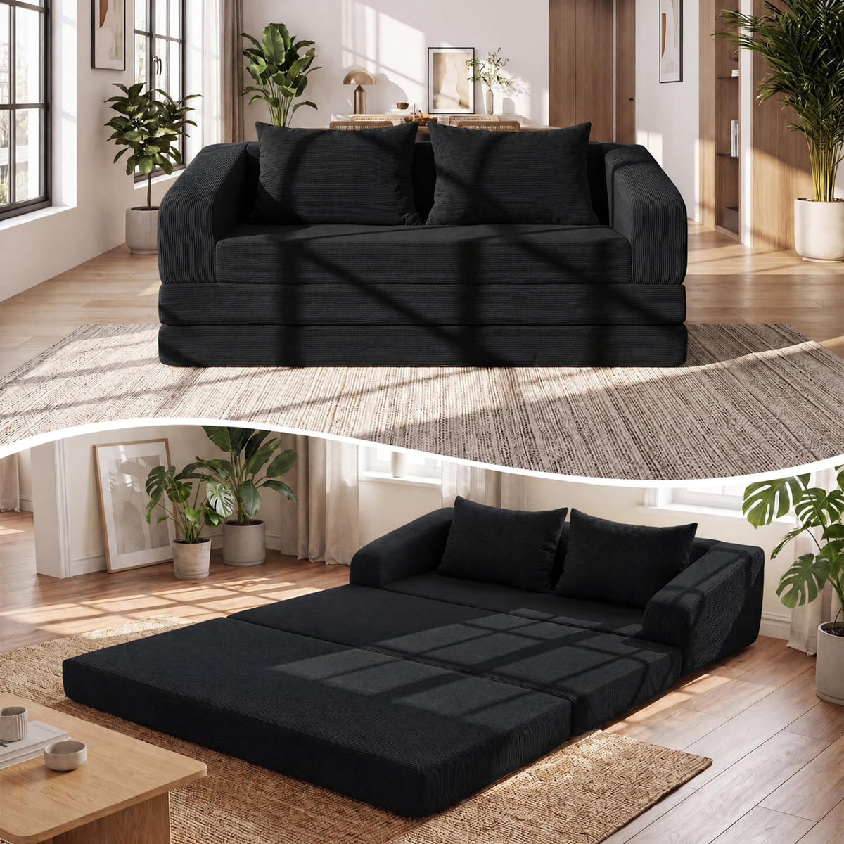 Corduroy Loveseat Sleeper Sofa with 2 Back Cushions for Living Room Bedroom Apartment-Black-Sofas & Loveseats-DECOROLALA