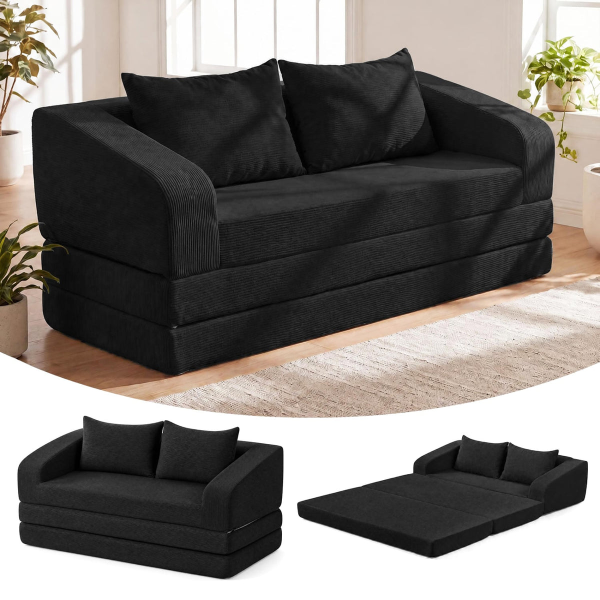 Corduroy Loveseat Sleeper Sofa with 2 Back Cushions for Living Room Bedroom Apartment-Black-Sofas & Loveseats-DECOROLALA