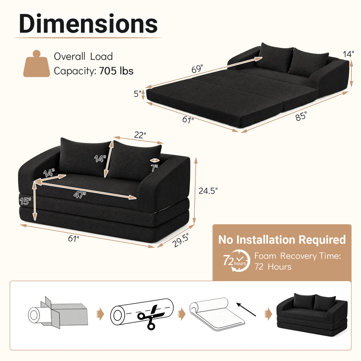 Corduroy Loveseat Sleeper Sofa with 2 Back Cushions for Living Room Bedroom Apartment-Black-Sofas & Loveseats-DECOROLALA