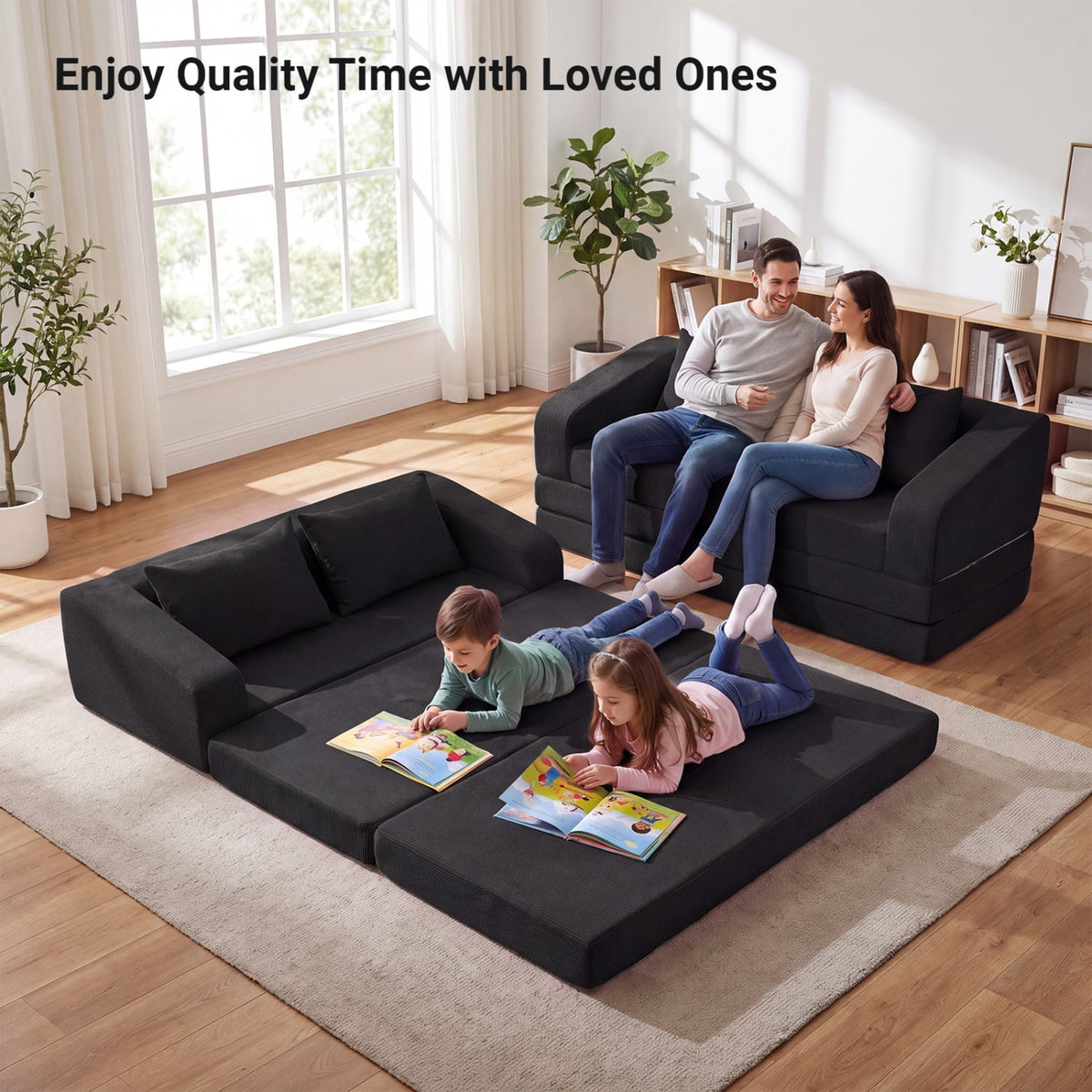 Corduroy Loveseat Sleeper Sofa with 2 Back Cushions for Living Room Bedroom Apartment-Black-Sofas & Loveseats-DECOROLALA