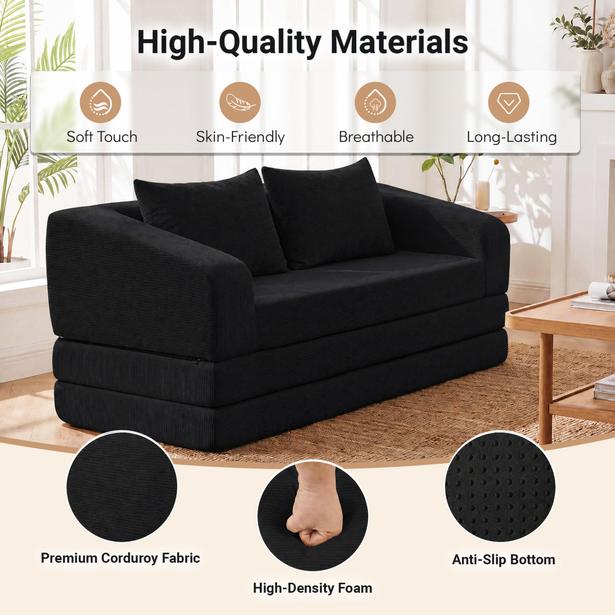 Corduroy Loveseat Sleeper Sofa with 2 Back Cushions for Living Room Bedroom Apartment-Black-Sofas & Loveseats-DECOROLALA